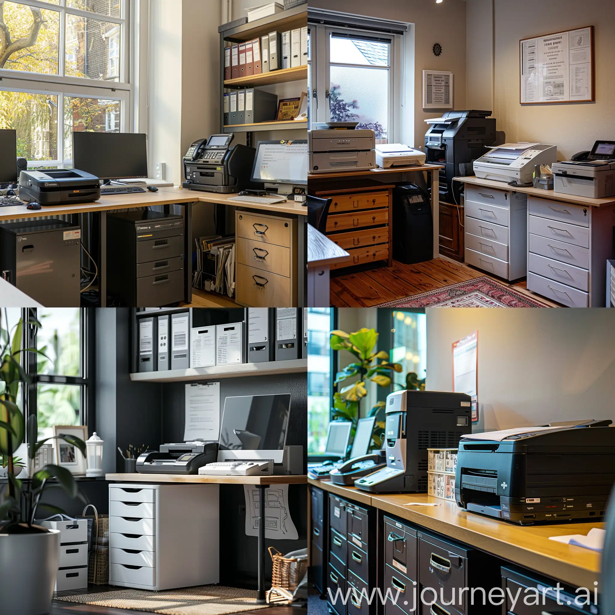 administration office, 2-4 workstations, storage area, photocopier, cozy space, warm colour palette, window