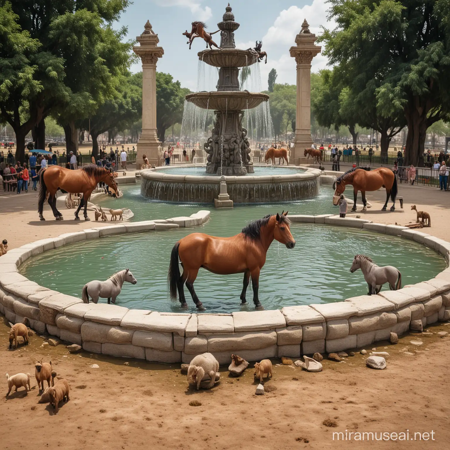 a giant ant and two minature horses sitting in a fountain sorrounded by animals
