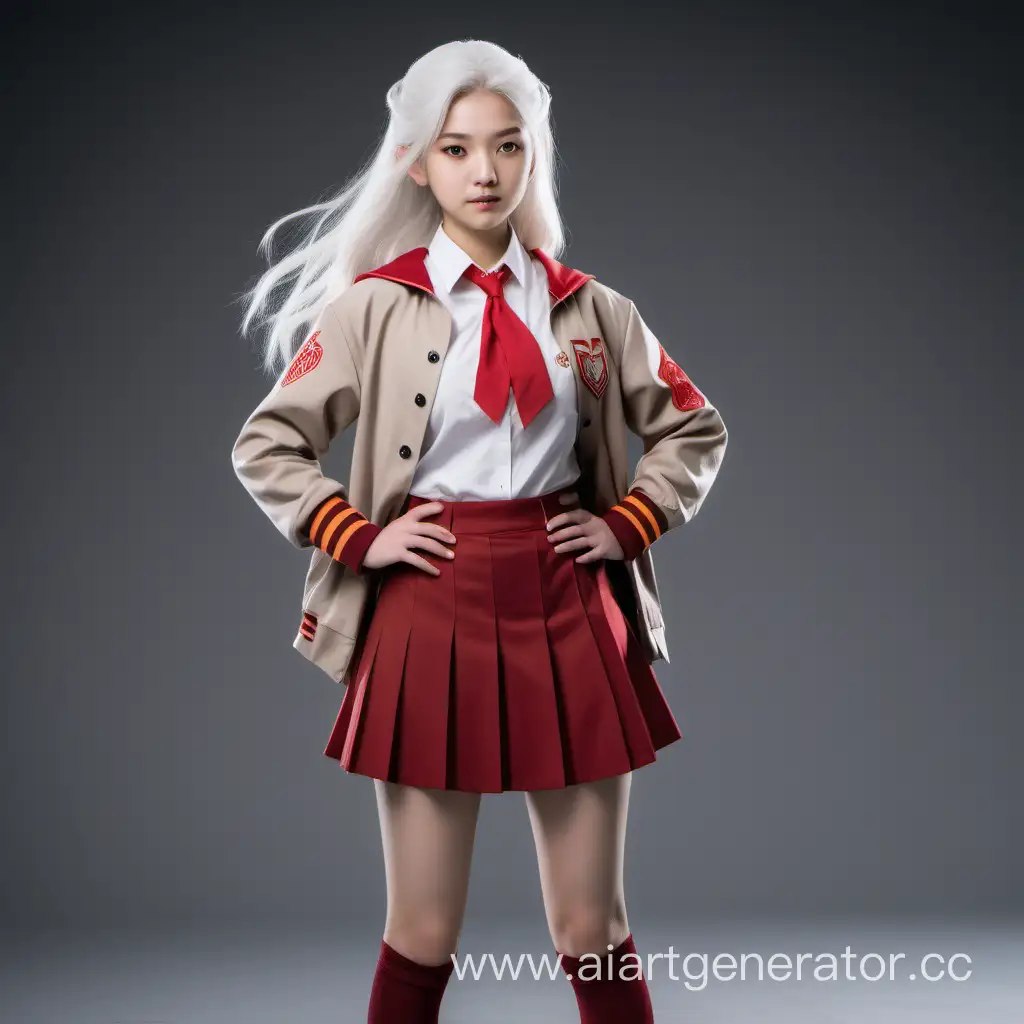 девушка 20 лет серьезная форменная одежда красная юбка песочного цвета пиджак  логотип школы магии на правом рукаве белые волосы