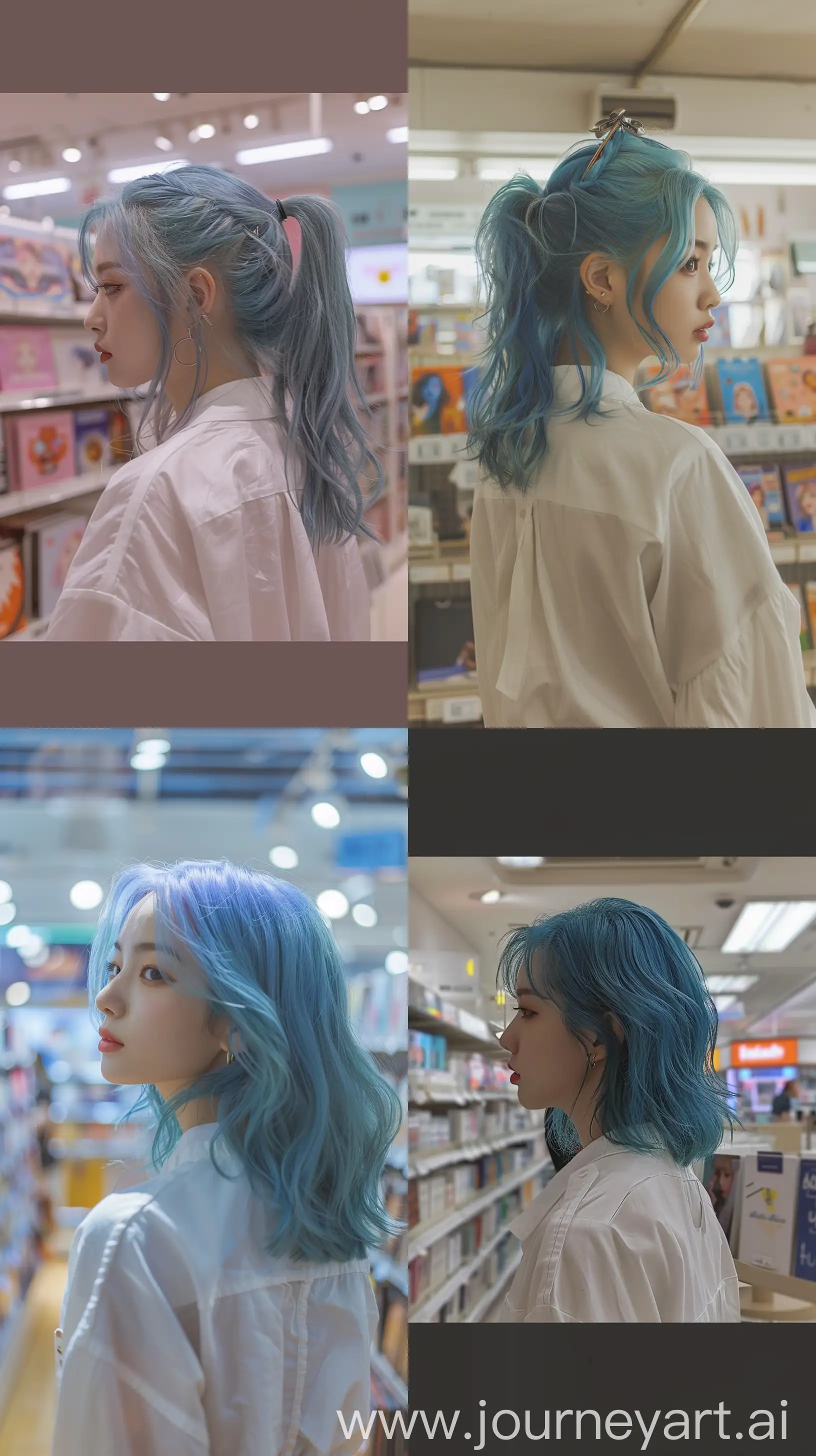 Jennie-from-Blackpink-with-Blue-Wolfcut-Hair-in-White-Shirt-Inside-Album-Store