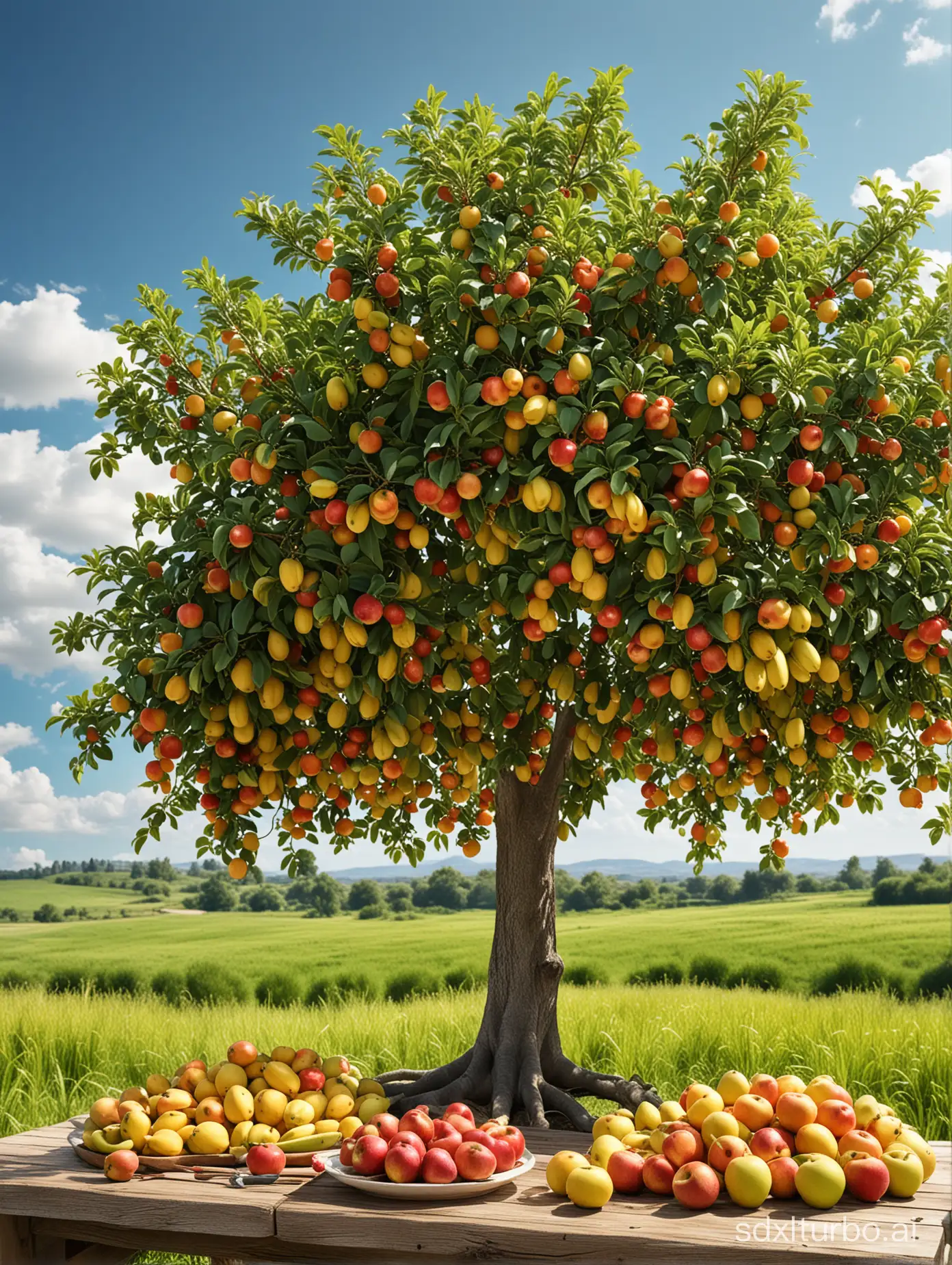 绘制一个逼真的电商直播背景：一棵成熟的果树，树上挂满各种水果，如红色的苹果、黄色的香蕉、绿色的梨子等。果树背后是一片翠绿的草地和远处的蓝天白云，背景中可以看到阳光洒在树叶和水果上，形成美丽的光影效果。桌子上摆放着各种水果，水果的外表光滑晶莹，散发着诱人的香气。希望能够体现出水果的真实质感和色彩，让观众感受到丰收的喜悦和新鲜的气息。"