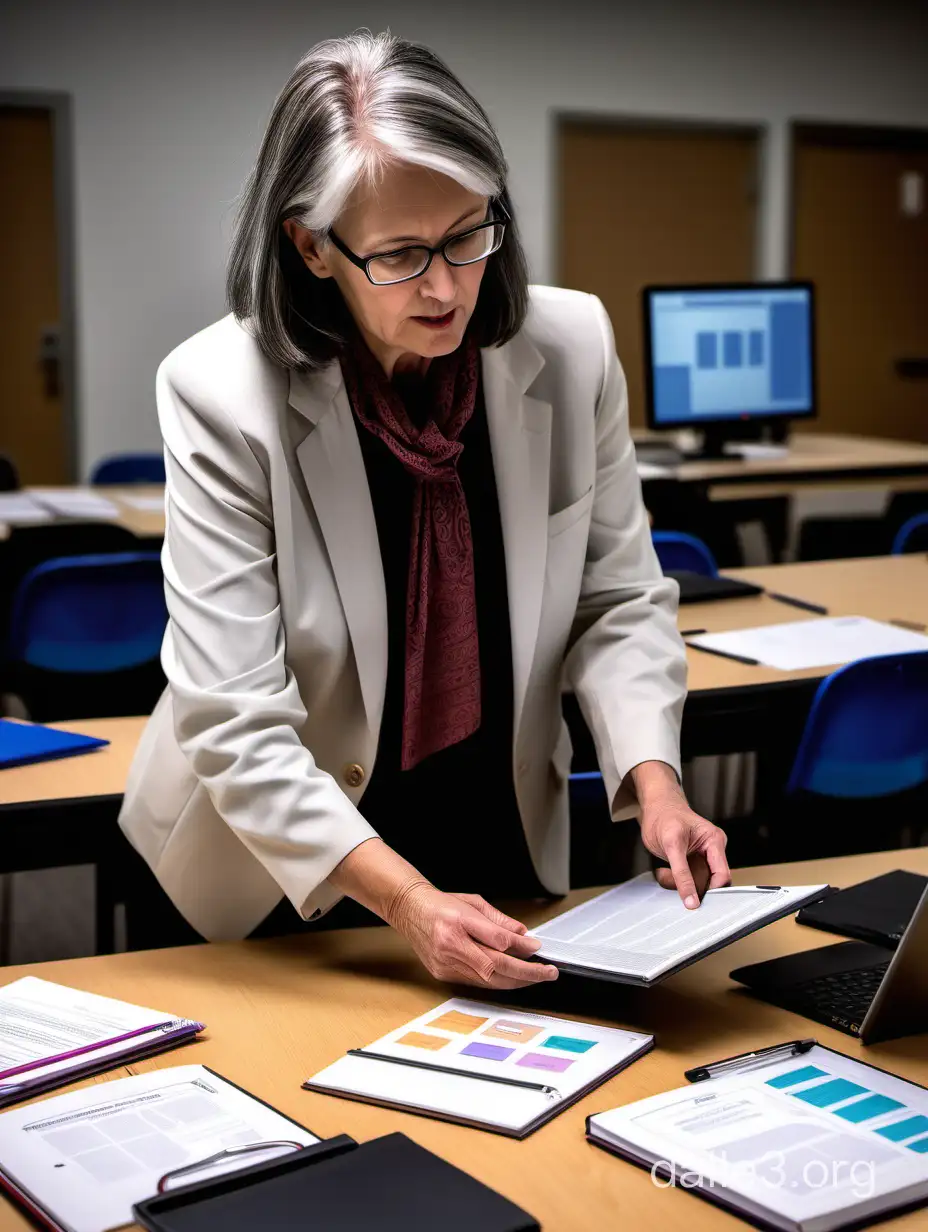 Un profesor ejecutivo preparando materiales didácticos para enseñar un caso, rodeado de recursos educativos y utilizando tecnología interactiva en el aula