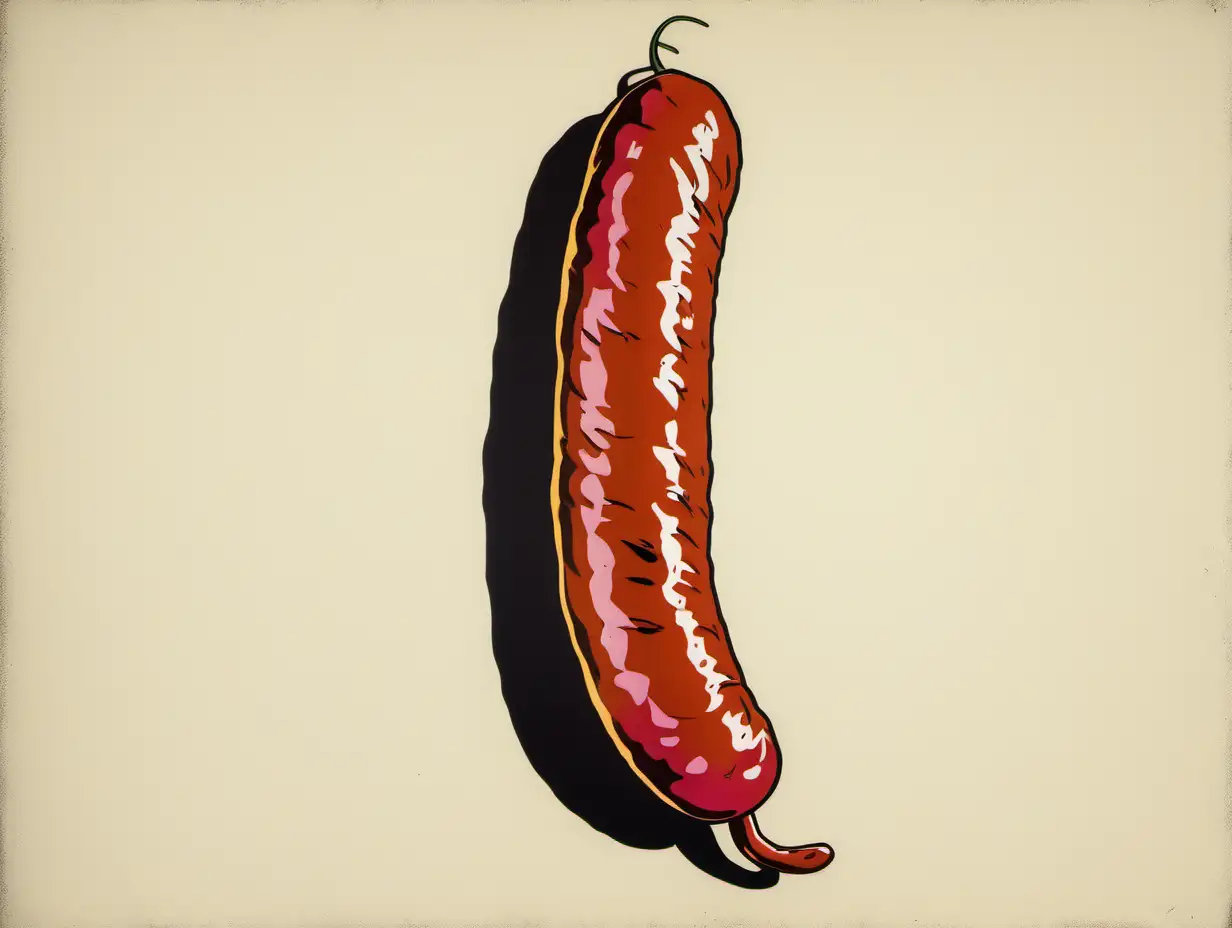 4:3 format high resolution print photography.  Andy Warhol style art mixed with Hanna Barbera cartoon style.  A venomous piece of sausage against a white background.