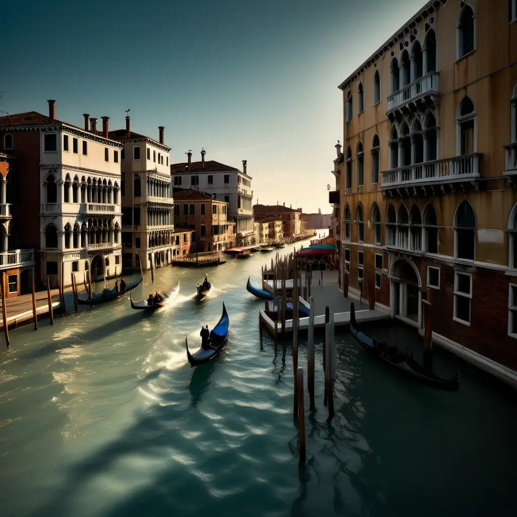 Venice bathed in sunlight, portrayed with a sense of both expansive and profound depth, blends hues of light gold and dark cyan, creating epic landscapes with strokes reminiscent of a painter's brush --ar 16:9 --style raw --s 400 --v 6.0