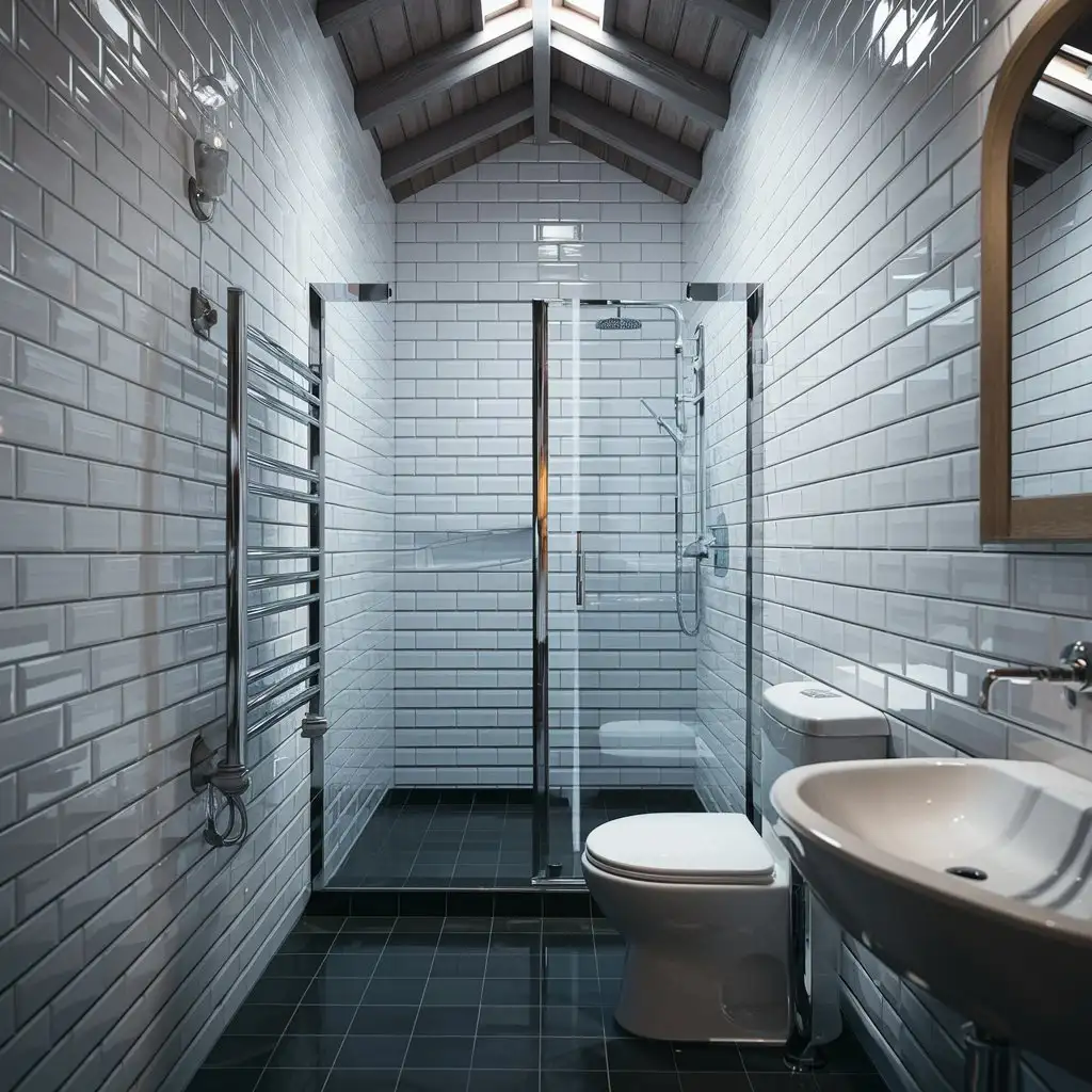 small bathroom with walls of white subway tile, dark tile floor, walk in shower along far wall, tall wooden ceilings, skylight, left wall with warming towel rack, toilet, sink