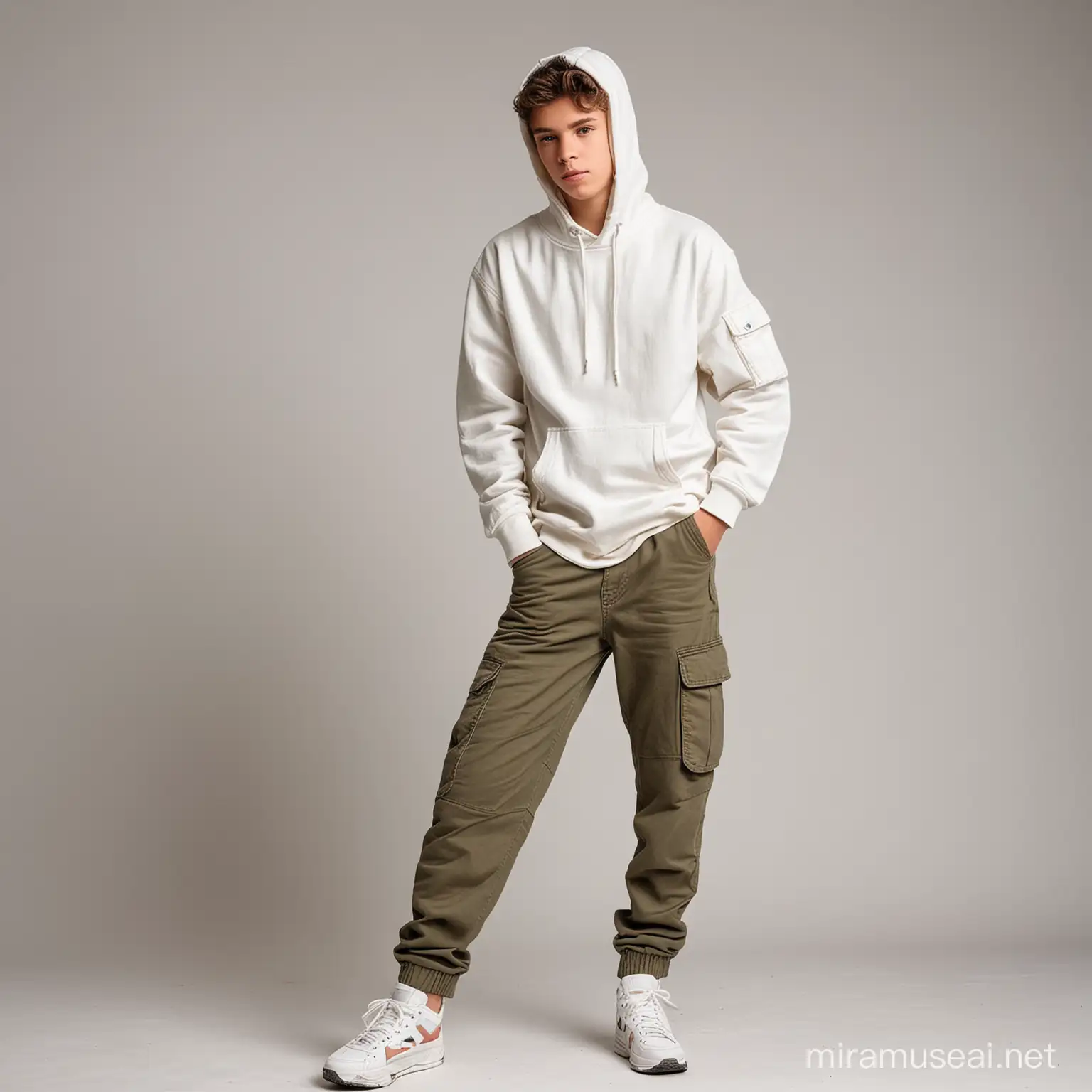 Stylish Teenage Boy in Classic Hoodie and Cargo Pants on White Background