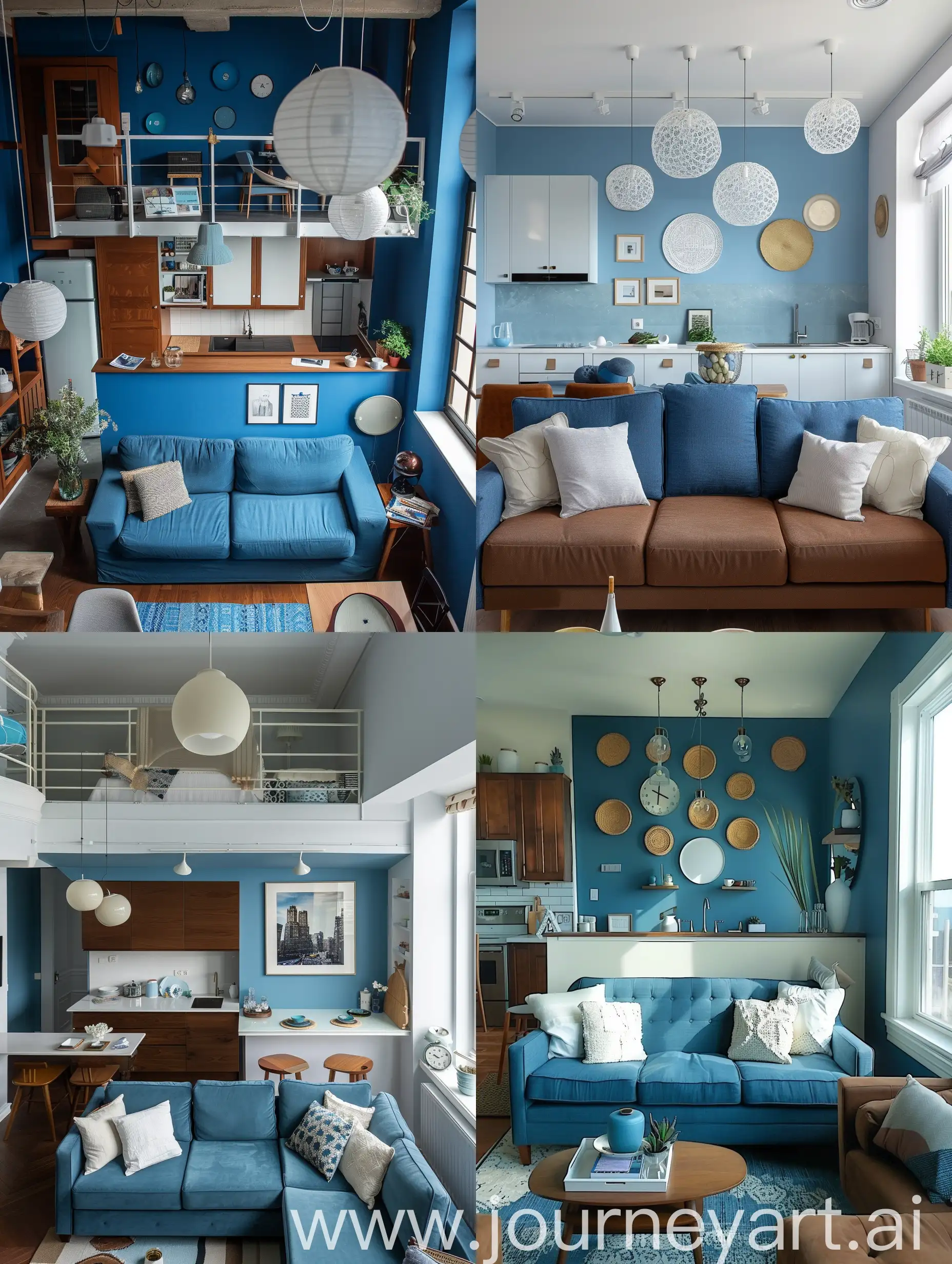 Elegant-Blue-Living-Room-with-Brown-Accents-and-Kitchenette