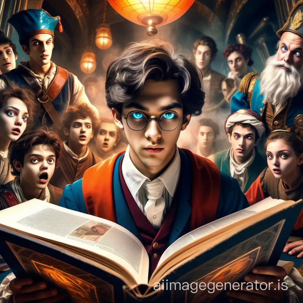 A student reads a history textbook and characters from various historical periods appear around him, beautiful faces, realistic eyes, in the style of an imaginarium game, a crazy picture, vivid colors, high detail, a drawing of high clarity, high resolution, HD, 16k, well-drawn