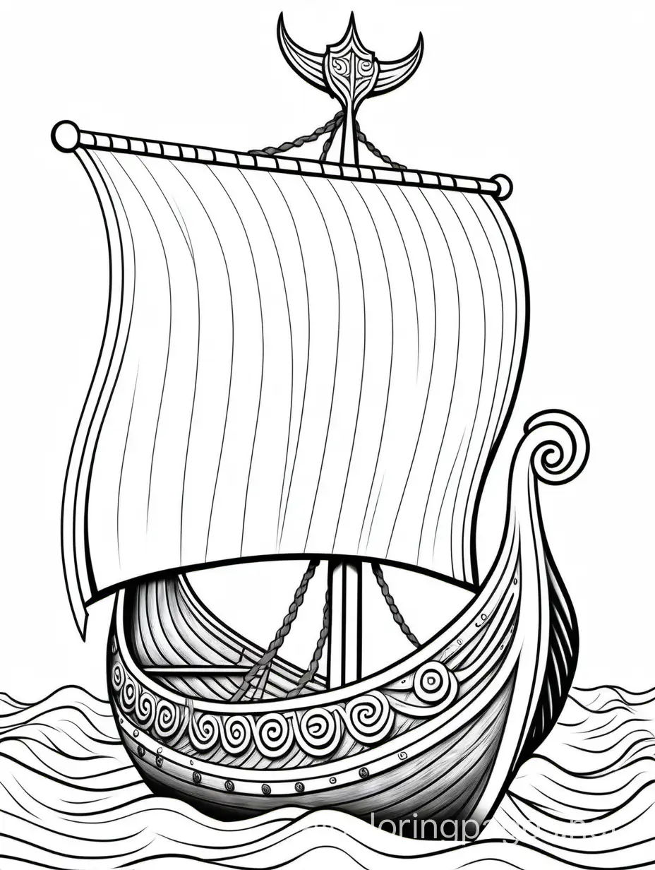 Viking ship, Coloring Page, black and white, line art, white background, Simplicity, Ample White Space. The background of the coloring page is plain white to make it easy for young children to color within the lines. The outlines of all the subjects are easy to distinguish, making it simple for kids to color without too much difficulty