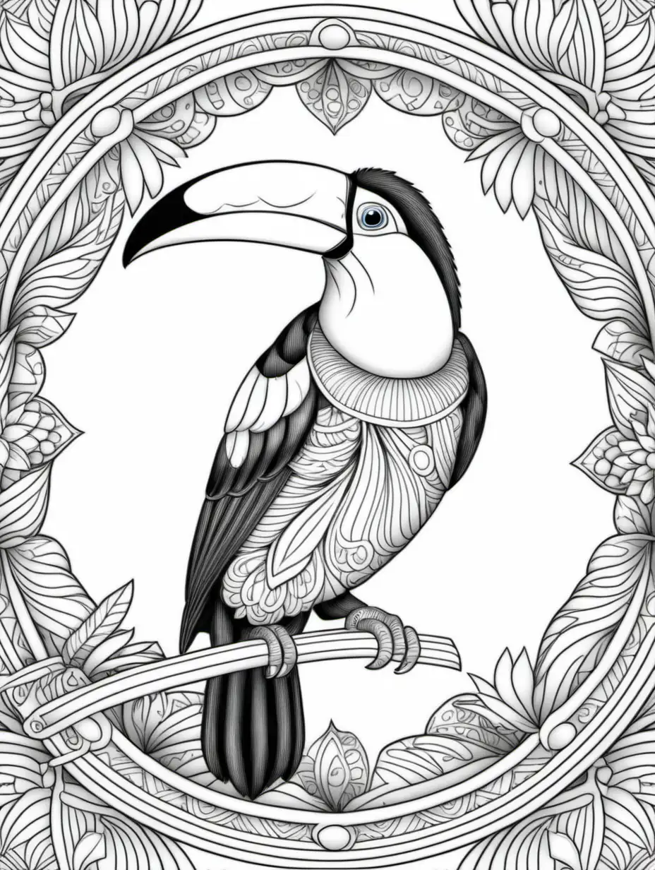 Relaxing Adult Coloring Book Toucan Mandala with Delicate Lines
