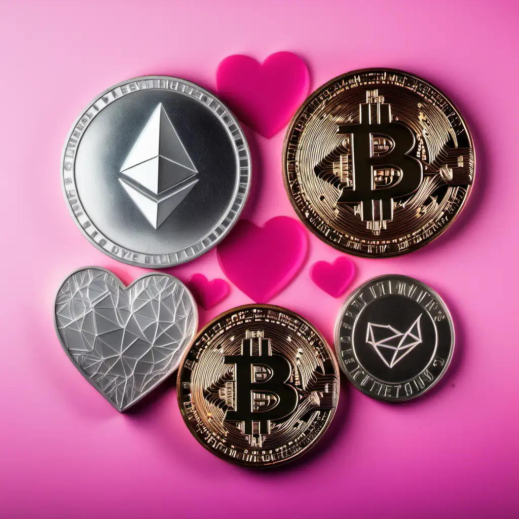 Cryptocurrencies, Bitcoin, ethereum, coins, pink hearts  in background 