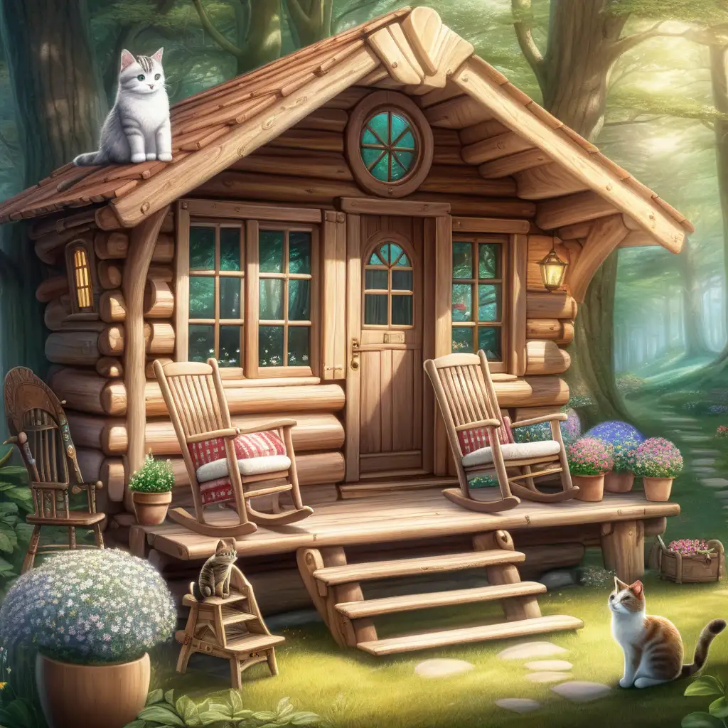 画一个木制的森林小屋，童话风，小屋有两扇木制窗户，窗户和门的周围都摆了很多盆小花，门外有一个大平台，上面摆了张摇椅，椅子上搭着一条毛绒毯子，椅子边趴了一只小猫
