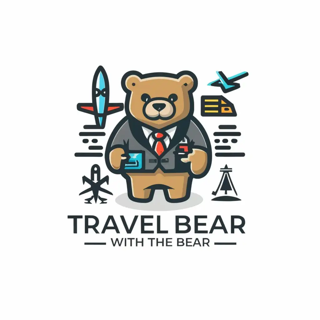 a logo design,with the text "Travel with the Bear", main symbol:bear with business suite holding cellphone. cruise ship airplane,Minimalistic,be used in Travel industry,clear background