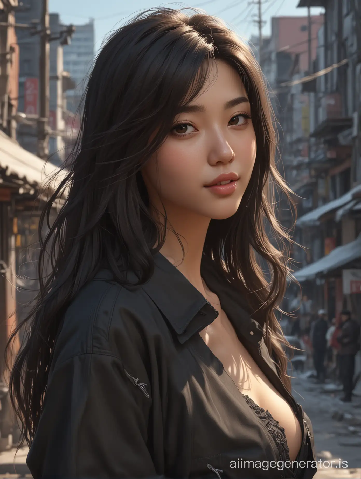 Sweet sexy girl high detail, featuring a perfect strong  fullbody and a beautiful, realistically detailed face. She is wearing black old clothes, with long hair, striking a sexy pose in a side view against a city background. She is smiling at the camera, captured in a highly detailed and realistic rendering. Digital painting style with cinematic lighting, by top artists in the industry such as Kim Jung Gi, and Yuumei, artstation feature. 4k resolution, whimsical, detailed shading, character design