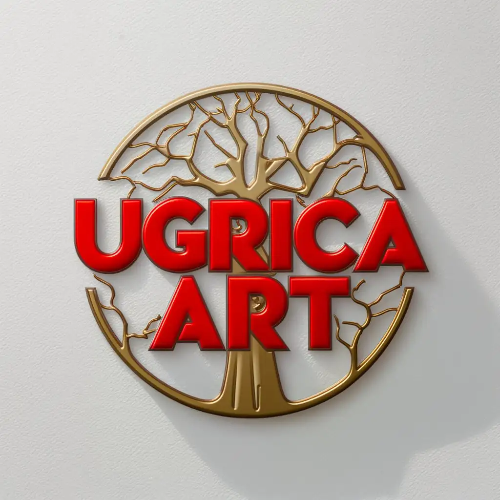 Circular UGRICA ART Logo with Raised Red and Gold Letters on White Background Featuring Surreal Nature Motif