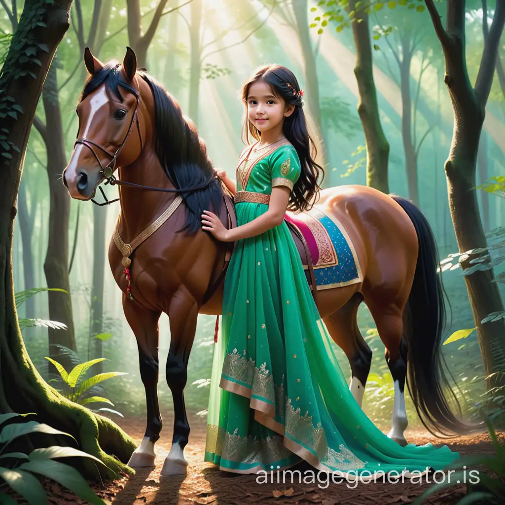 In the heart of a serene forest, a 5-year-old girl perches gracefully upon the back of a noble horse. Her long, flowing black hair cascades down her back like a silken waterfall, dancing in the gentle breeze that whispers through the ancient trees.

Clad in traditional attire, she wears a dress adorned with intricate patterns that reflect the vibrant culture of her heritage. The hues of her garments harmonize with the verdant surroundings, blending seamlessly with the emerald foliage that envelops them.

With a radiant smile adorning her cherubic face, she gazes out into the wilderness with wide, curious eyes, her spirit alive with the magic of the natural world. The forest around her hums with life, as shafts of golden sunlight filter through the canopy above, dappling the forest floor with a soft, ethereal glow.

As the horse carries her deeper into the enchanting realm of the woods, the girl's laughter rings out like a melody, filling the air with joy and wonder. In this tranquil sanctuary, she is a vision of innocence and beauty, a radiant beacon of light amidst the lush embrace of nature. in night tate
