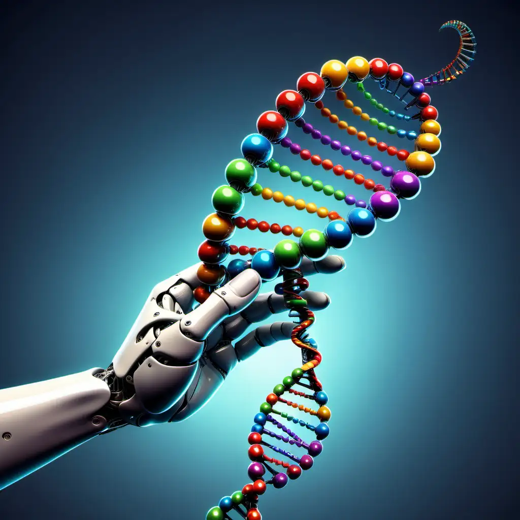Modern Robot Holding Colorful Double Helix DNA Strand