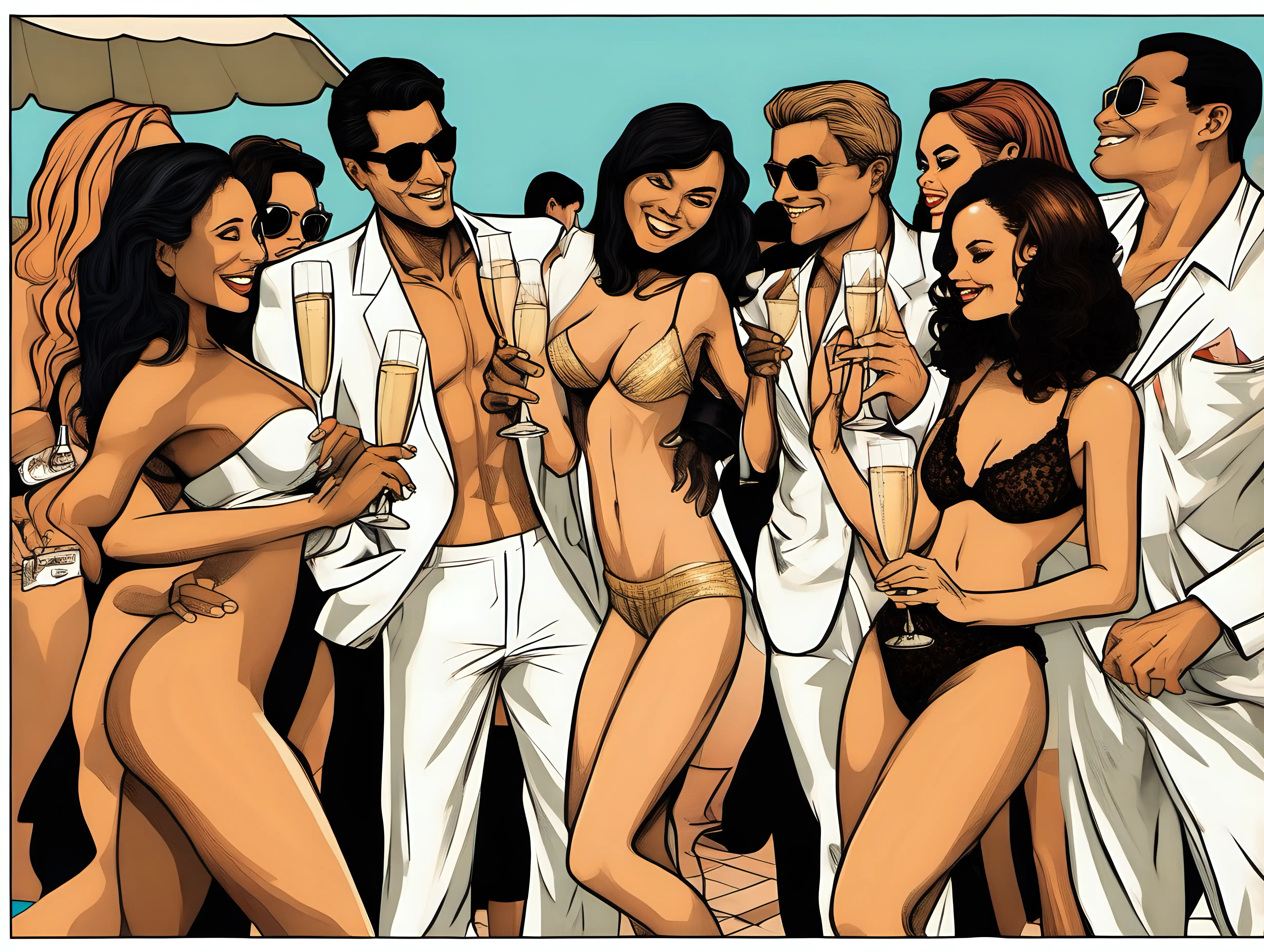 Make an image with a man at the center with 4 ladies around him, 3 are drinking champagne. 
The man in the center is 6ft tall, alpha and dominant, wearing linen pants and a linen shirt . Man is light brown skinned, toned body and has medium length black hair , and all the girls are dressed in dresses and lingerie. He has a cigar in one hand and his other hand is on a women's butt. In the background is a pool party, with 100 more people partying and dancing . Some are in the pool, popping champagne in the back

