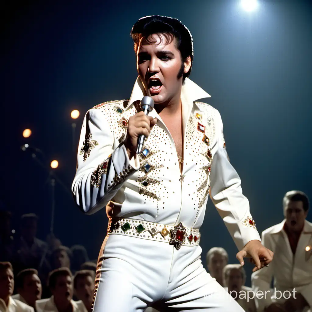 Elvis Presley on stage in a white jumpsuit studded with jewels, under the lights, clutching a microphone and belting out a powerful song.