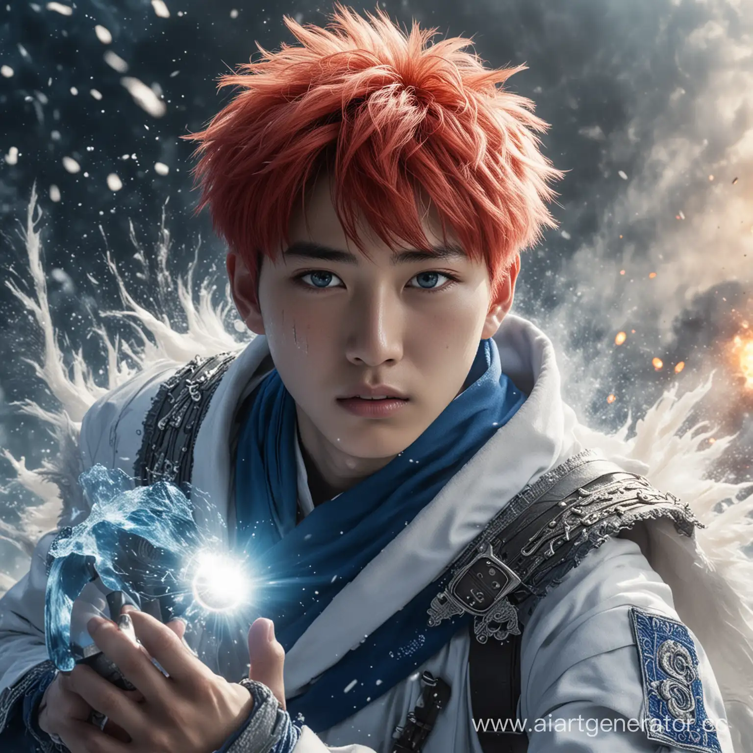 красивый парень кореец 16 лет, красно-белые волосы, голубые глаза, шрам на правом глазу, сине-белый геройский костюм, на фоне ледяного взрыва с огненным шаром в руках