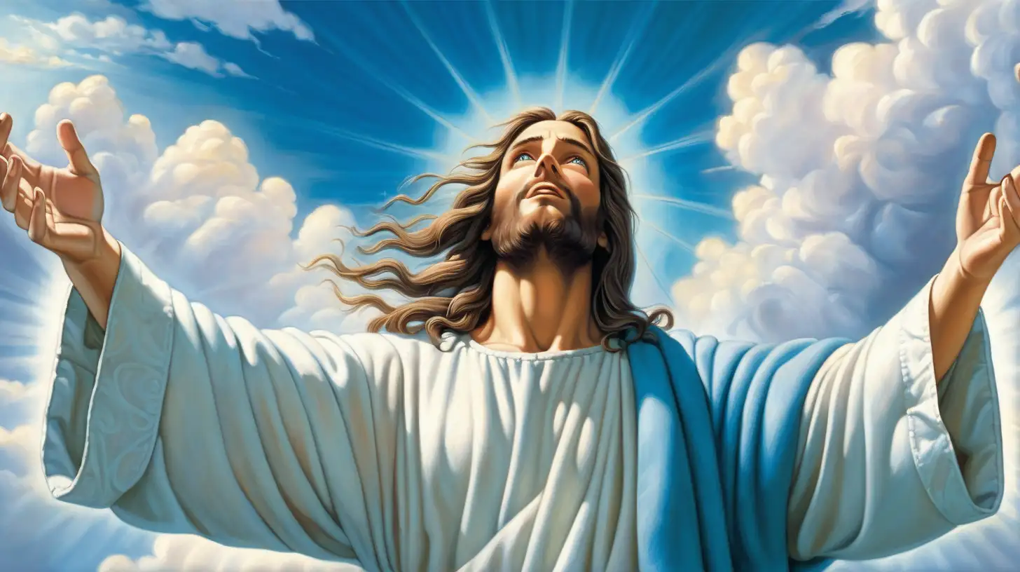 Divine Jesus with Open Arms Embraced by Blue Clouds