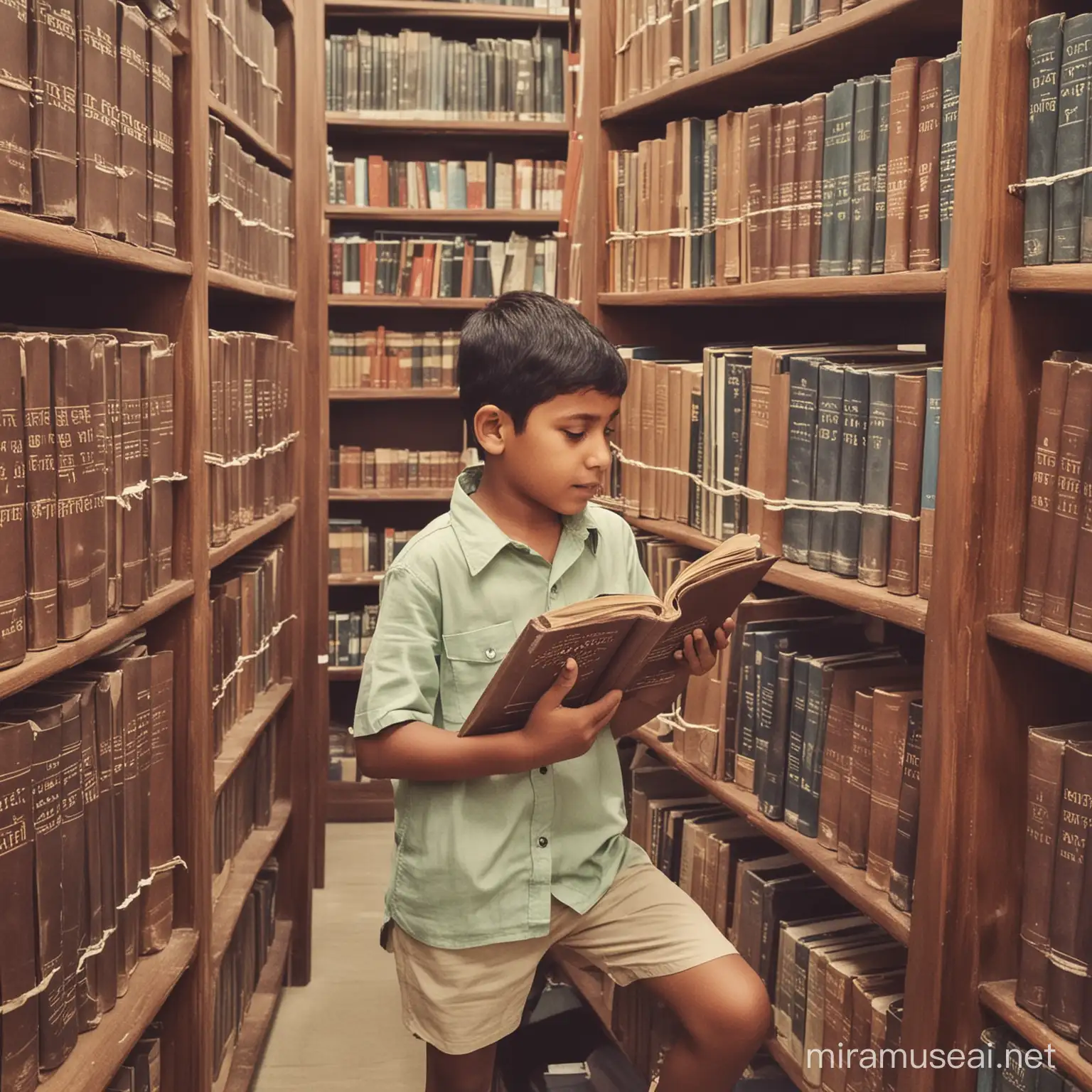 Kid reading Indian constitution,in a library 