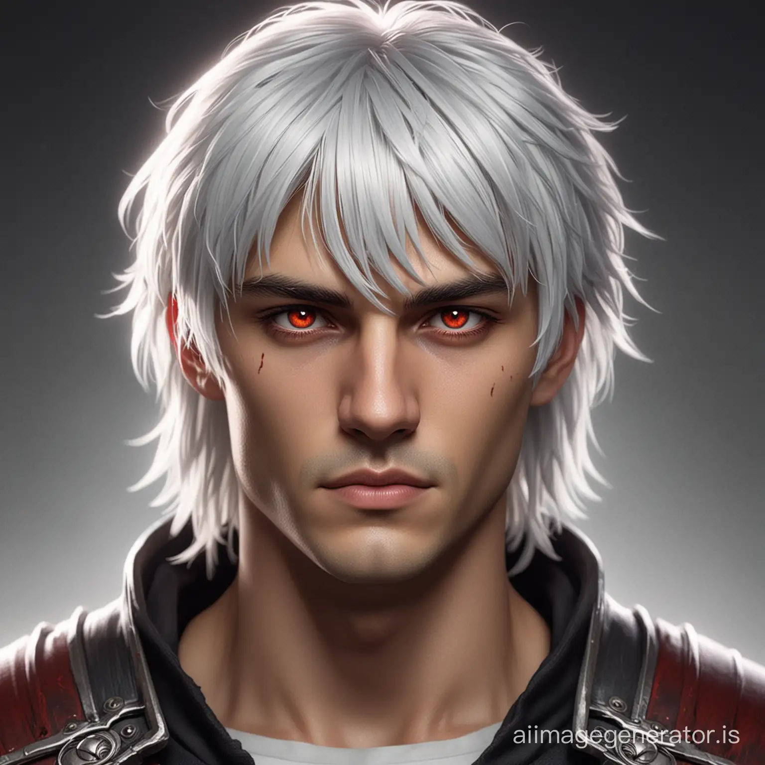 the male is a warrior, medium haircut with bang, white hair, and red eyes.