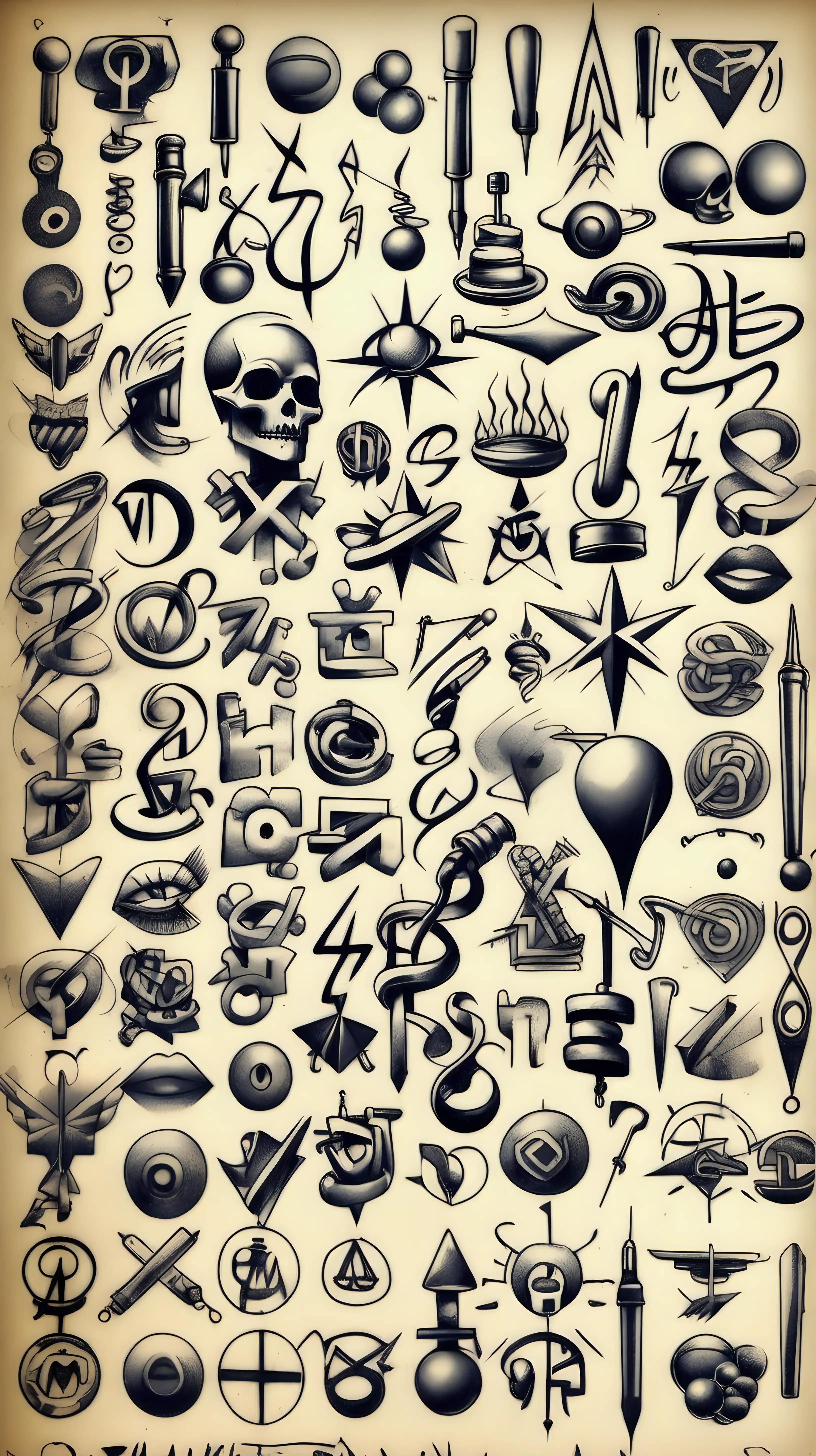 Collection of 100 Vintage Graffiti and Tattoo Symbols in Ballpoint Pen