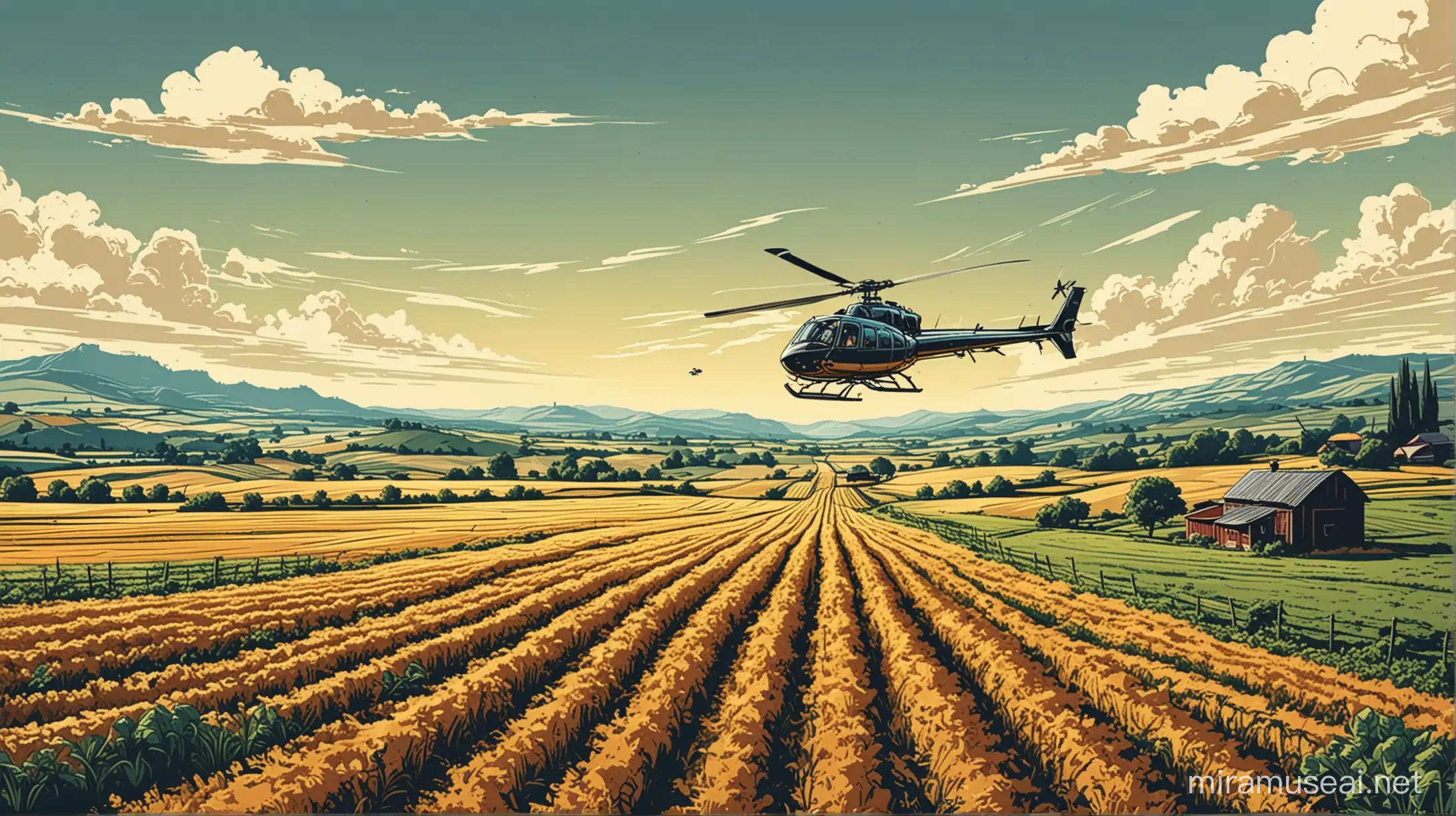Farmland fields with helicopter far in the distance comic book style illustration 