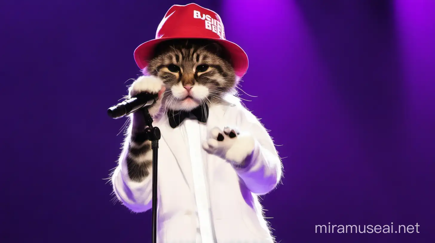 cat singing on stage with hat justin bieber