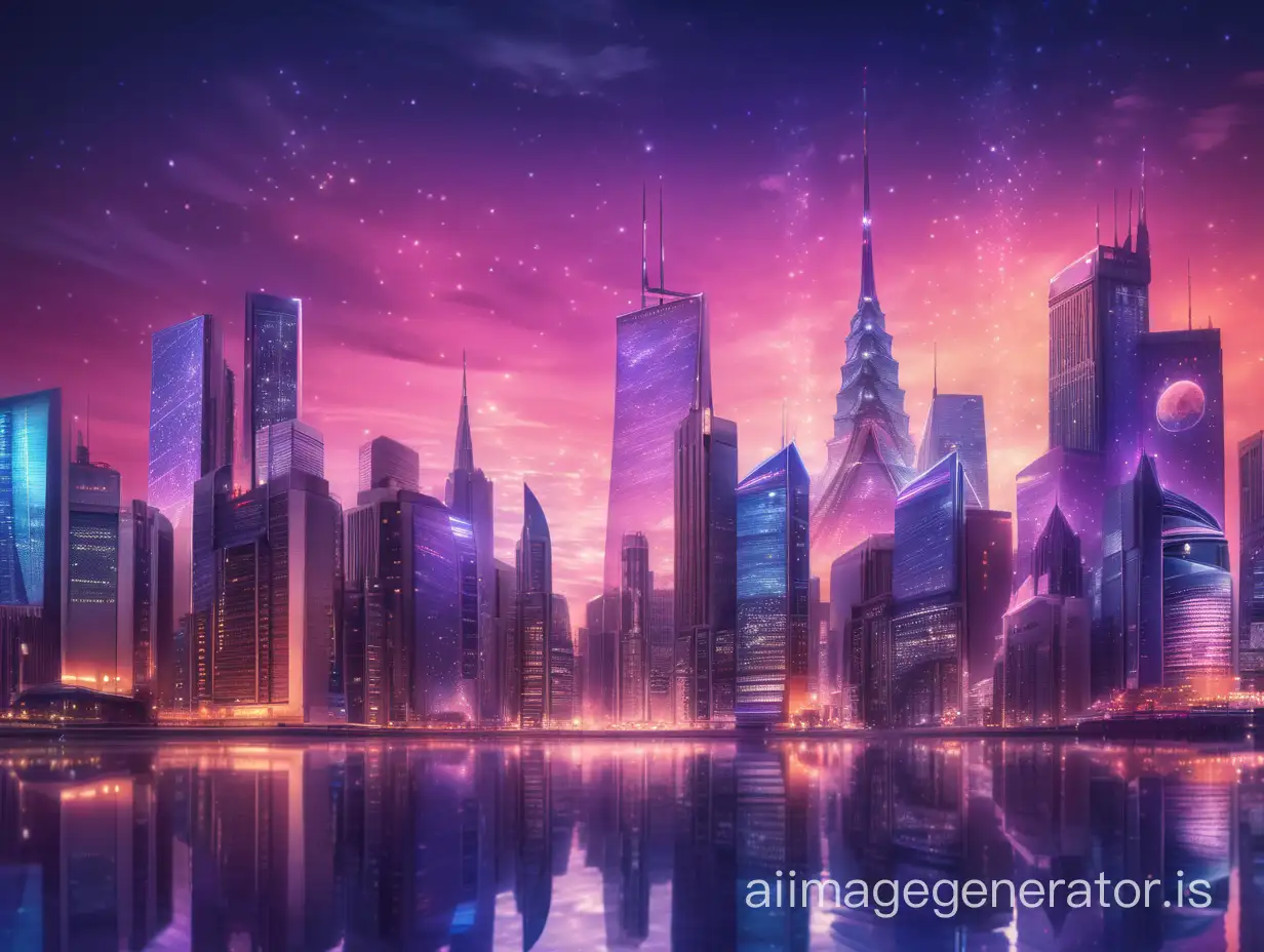 Craft an image of a city skyline during the twilight hours, where the lights of buildings begin to twinkle against the backdrop of a deepening, colorful evening sky. Modern/futuristic magical world