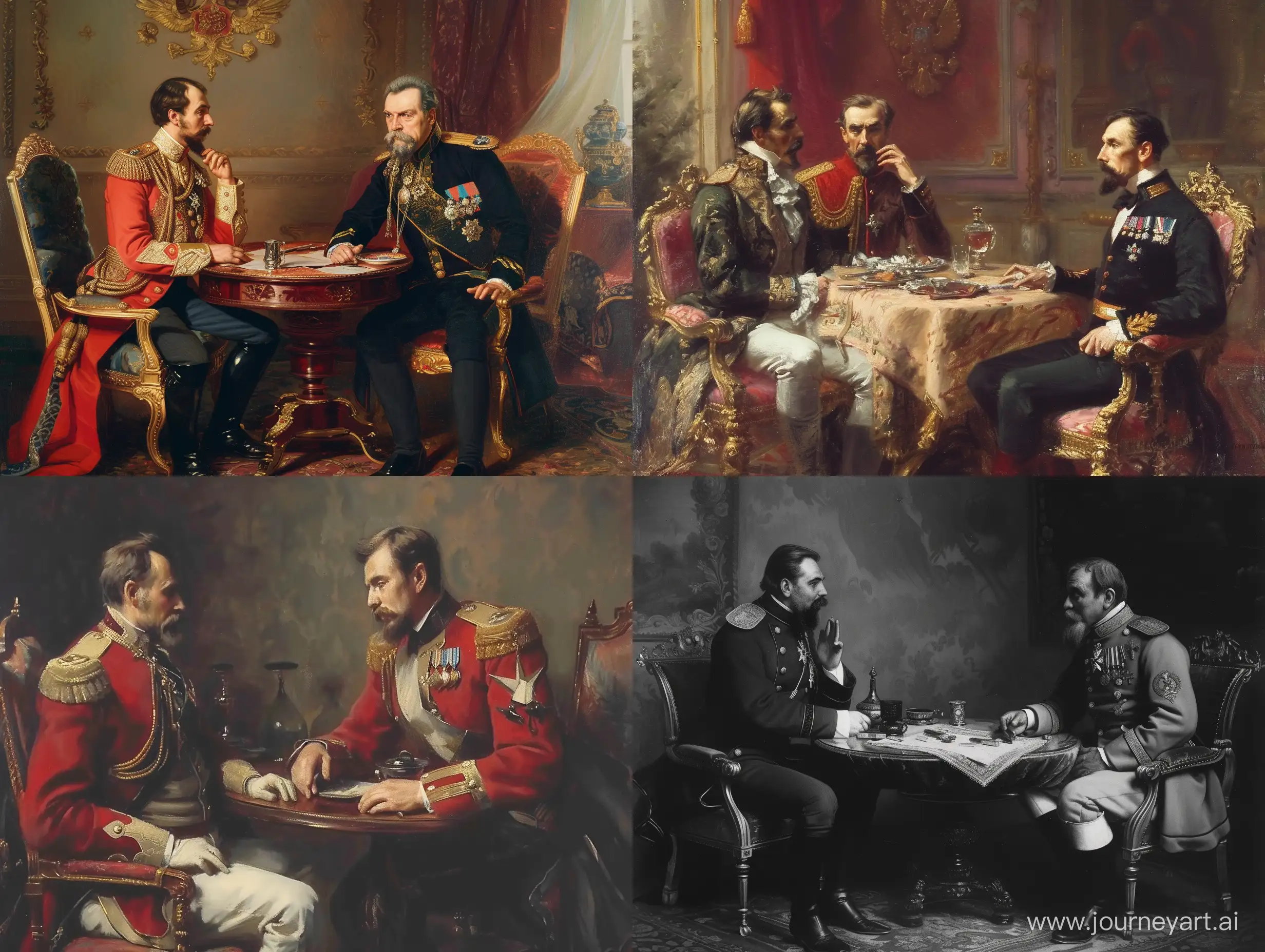 Alexander I and Count Stroganov are sitting at a table and talking amicably
