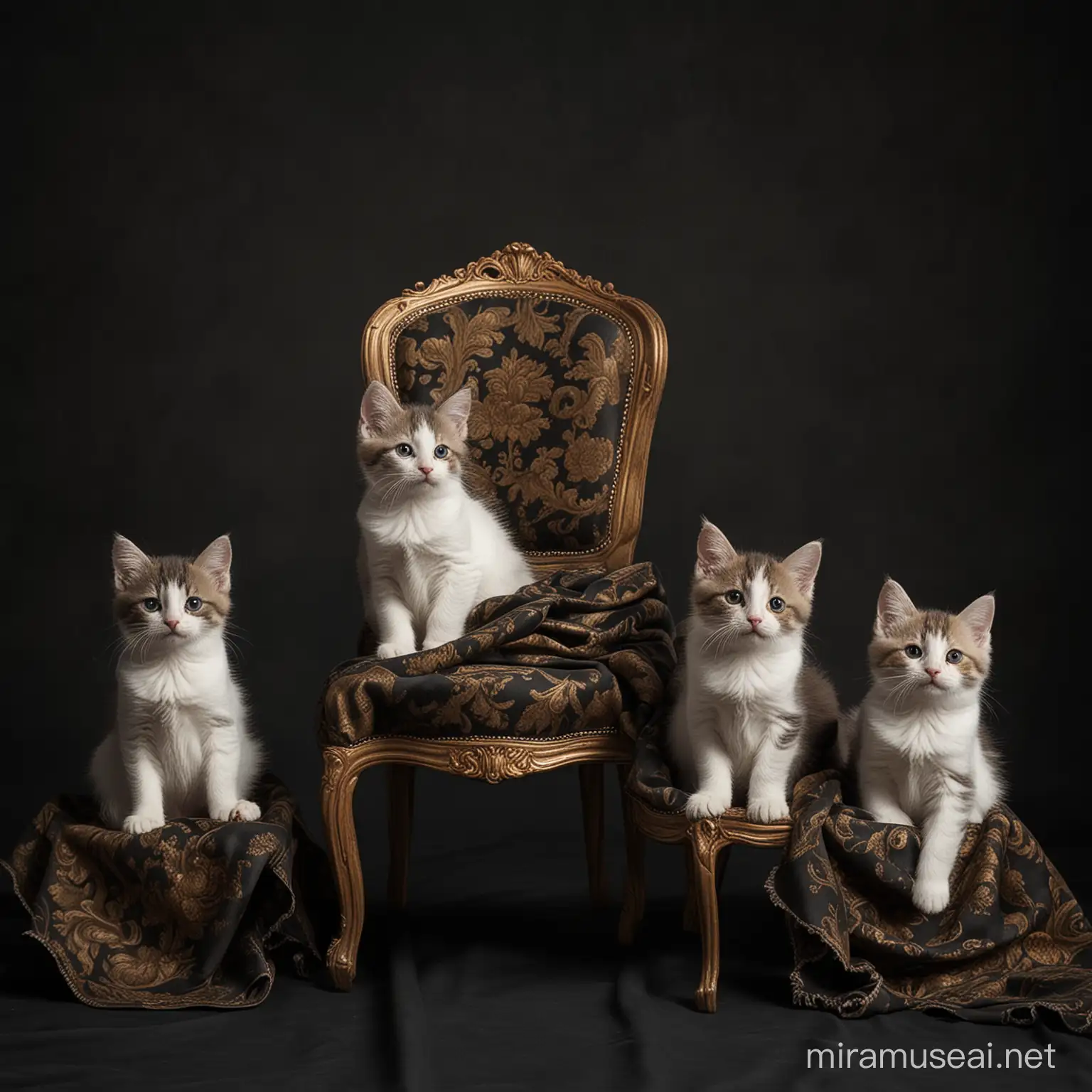 crie um fundo escuro com uma cadeira e panos, lembrando uma pintura barroca, e adicione 5 gatinhos