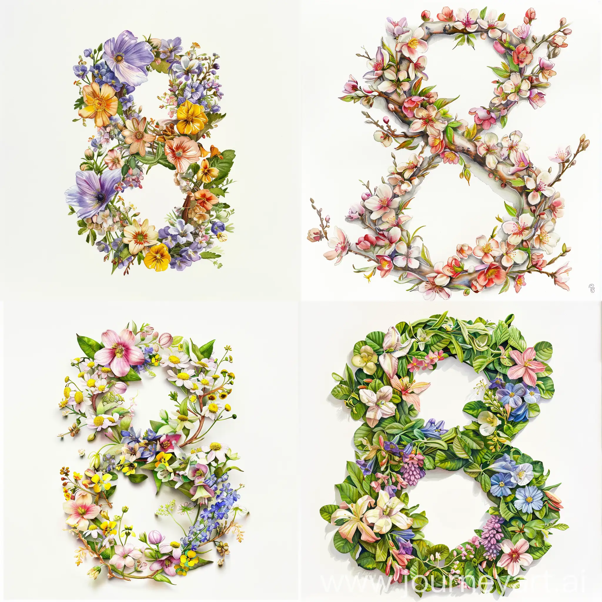 text "8" as spring flowers, white background, watercolor painting 