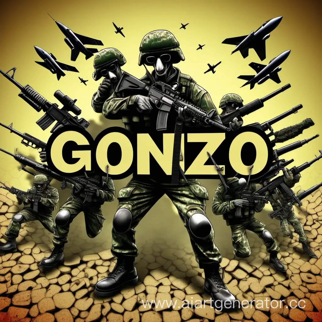 Bold-GONZO-Word-Against-Military-Weapons-Background
