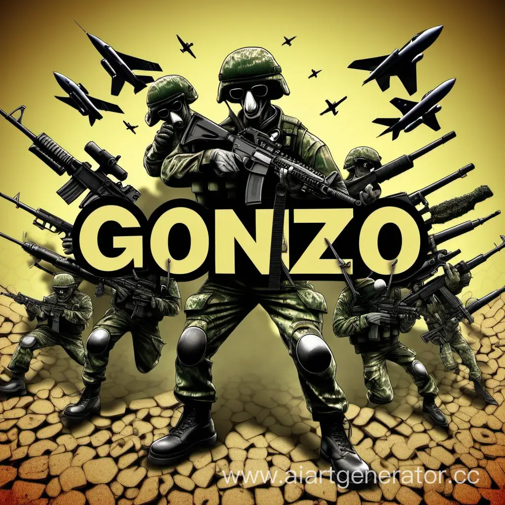 Слово GONZO на фоне военного с оружием