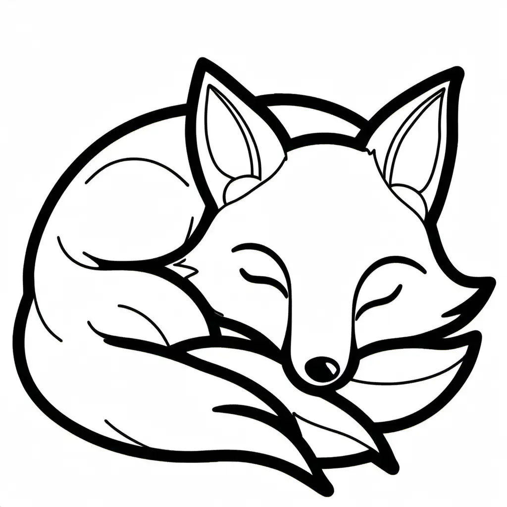 a simple black and white outline drawing of a cute fox sleeping, -no background, outlines, kids colouring page, black and white: 1.5, white png background, flat 2d  –no shading, gradient, colors: 1.5, saturation:1.2, colored, shadow: 1.1, 3d -- ar 9:11