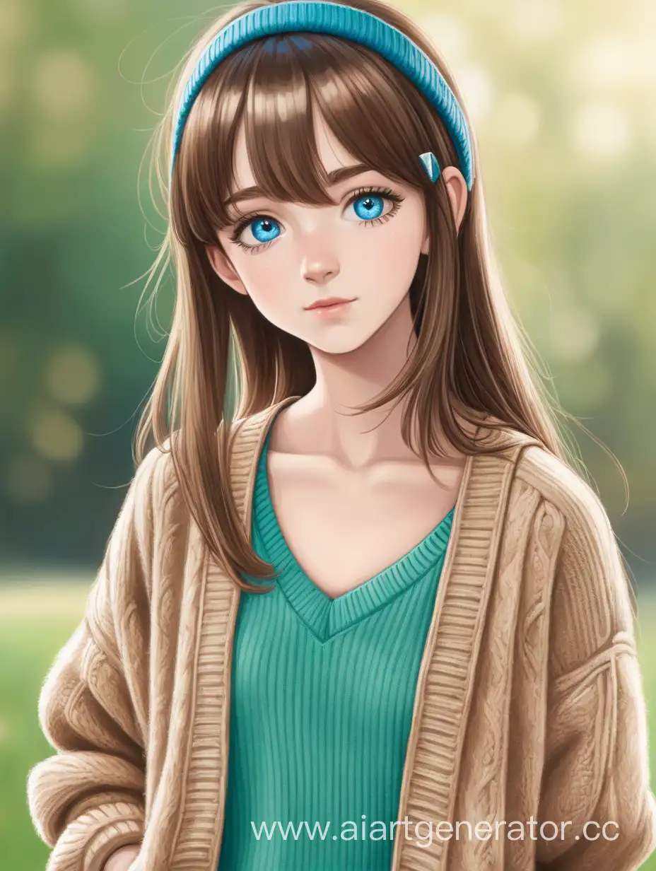 A teenage girl with blue eyes, cute cheeks, straight brown hair, brown hair, blue eyes on the girl's headband and she herself is wearing a beige cardigan and a green sweater under the cardigan 
