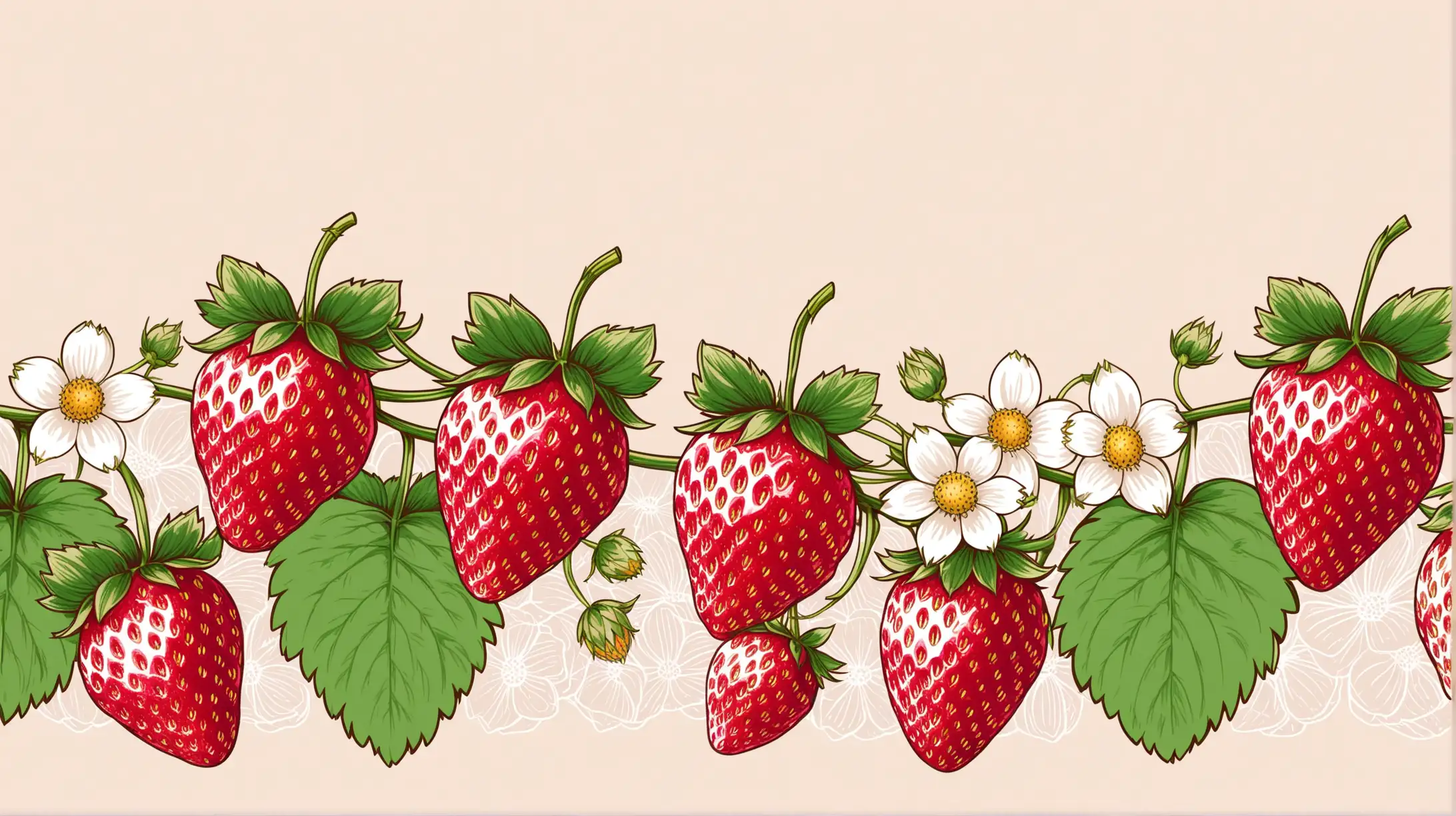 Strawberries and Flowers in Handdrawn Style