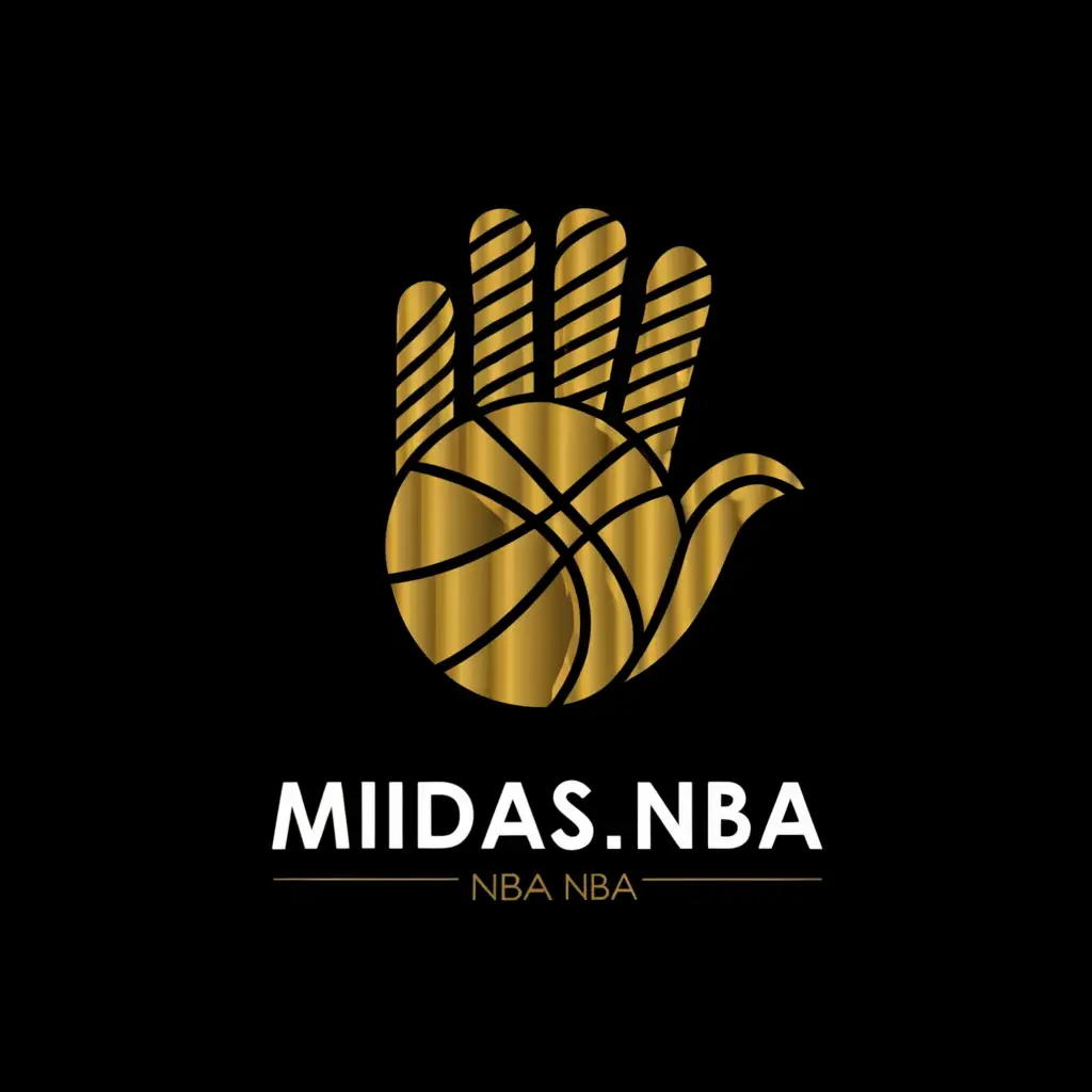 a logo design,with the text "Midas.NBA", main symbol:A Gold hand with a basketball, 5 fingers, black background.,complex,be used in Sports Fitness industry,clear background