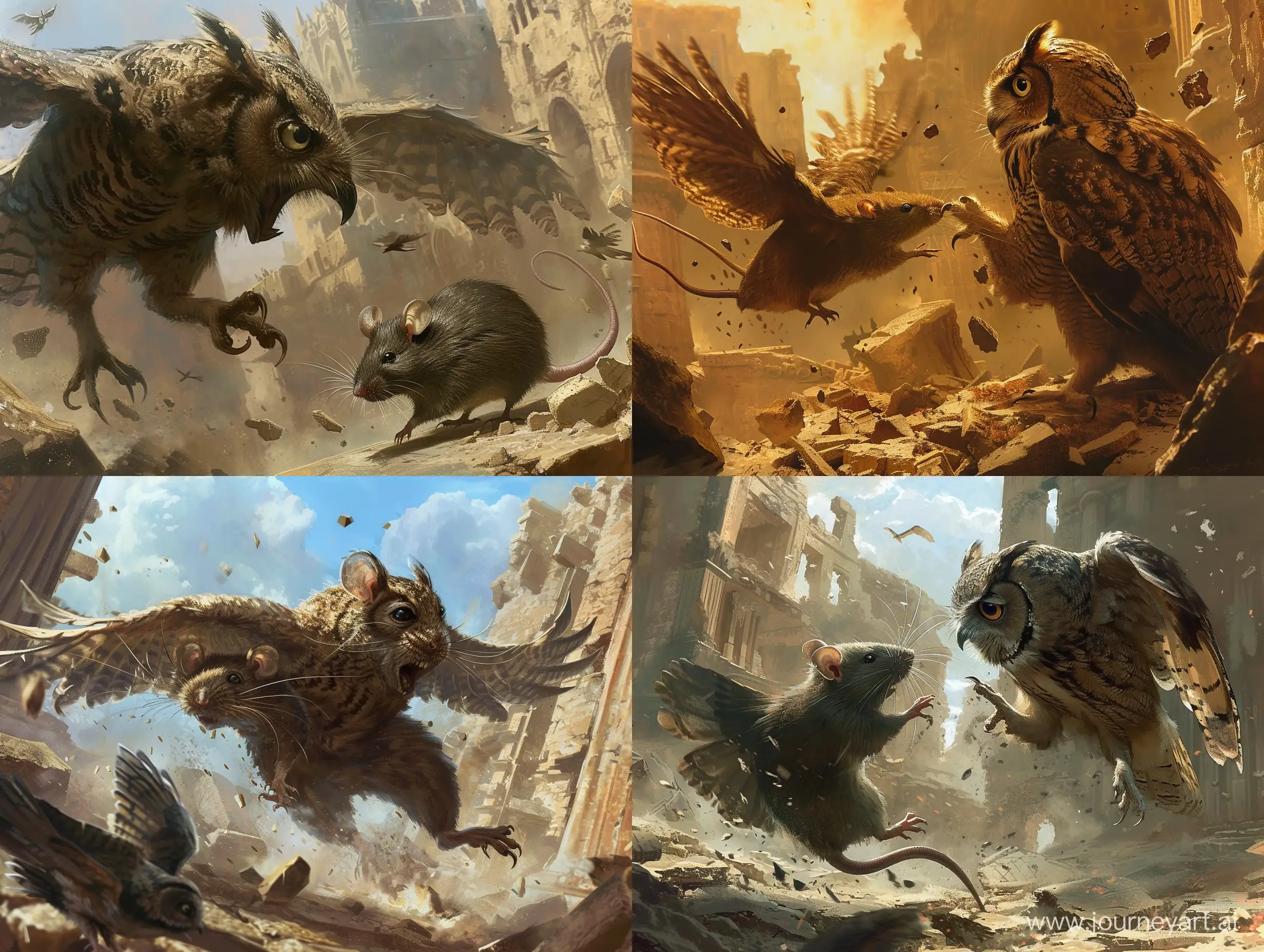 Please create an illustration in the style of dark fantasy depicting a battle-worn rat and owl still fighting amidst the ruins of an ancient city.