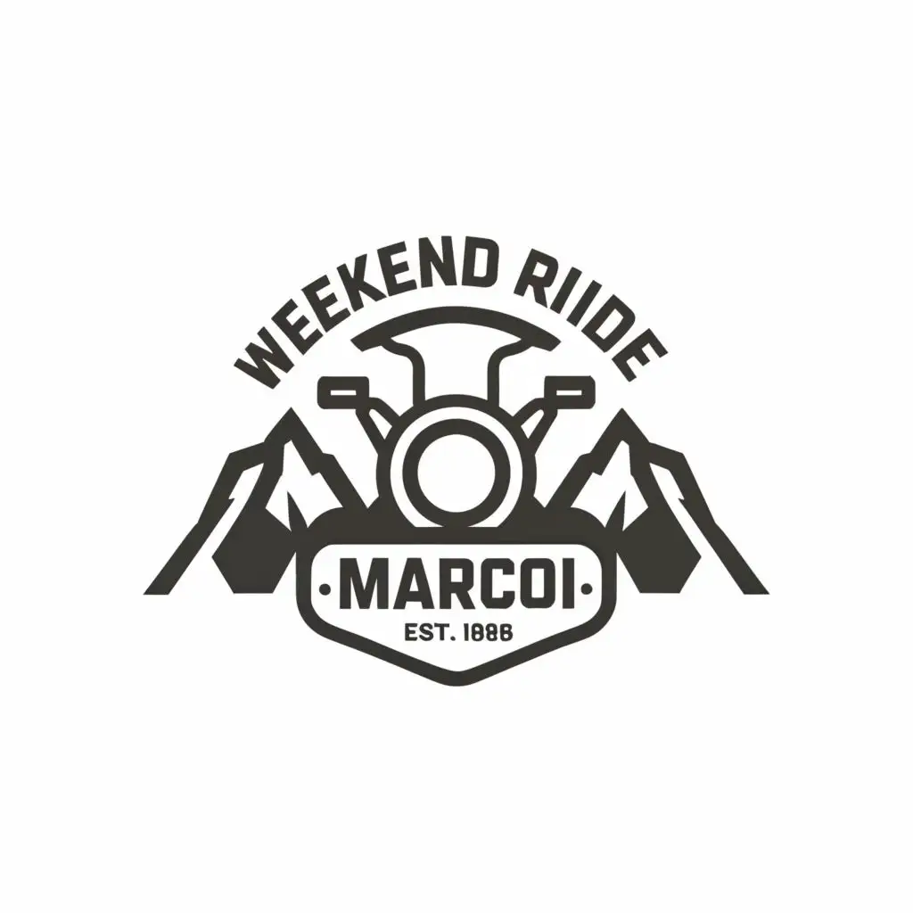 a logo design,with the text "Weekend Ride Marco", main symbol:Flat motorcycle head light and front wheel with a mountain on the background,Minimalistic,be used in Travel industry,clear background