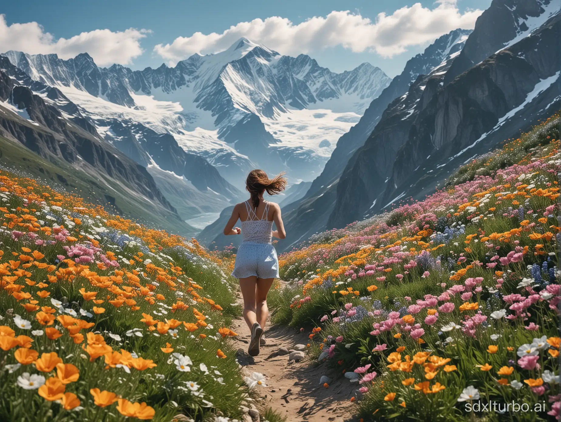 Beneath the majestic snow-capped mountains, amid the boundless sea of flowers, a beautiful girl is running, captured by a telephoto lens.