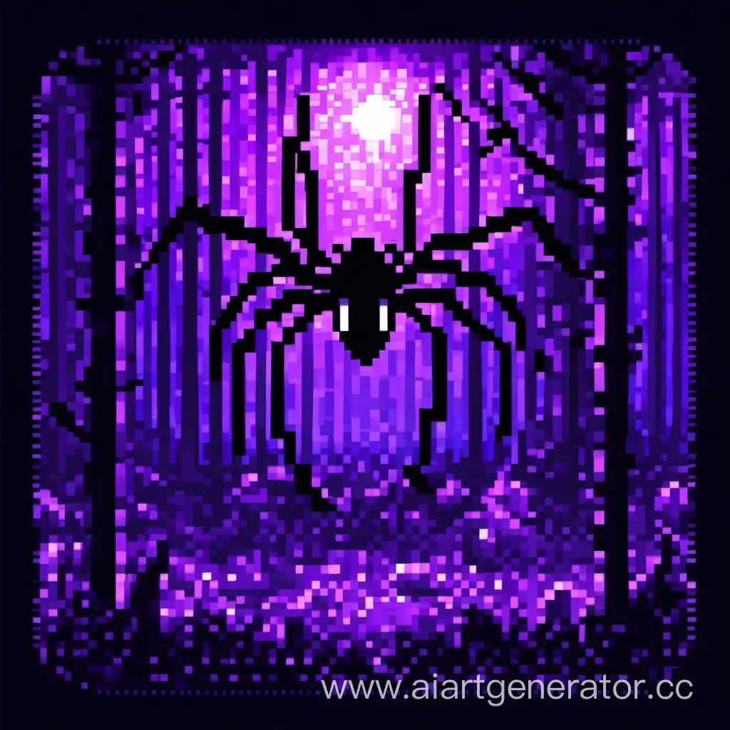 сгенерировать тёмную мрачную пиксельную 
картинку, где на фоне будет лес ночью и по середине фиолетовый пиксельный паук спускающийся сверху вниз от начала экрана 
