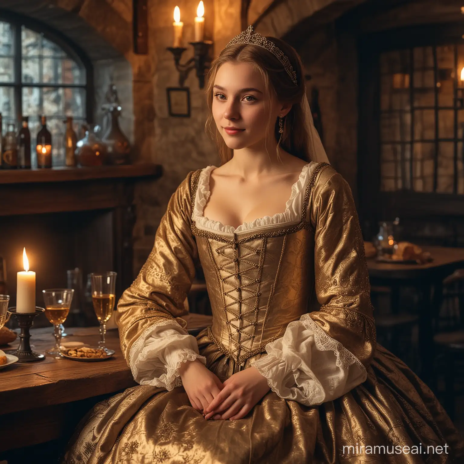 Photo medieval style: a 16 year old female courtesan dressed in the body-hugging medieval renaissance style sits in a noble tavern in the medieval style like England in the Middle Ages. The courtesan smiles enchantingly. The scene takes place in the evening.


