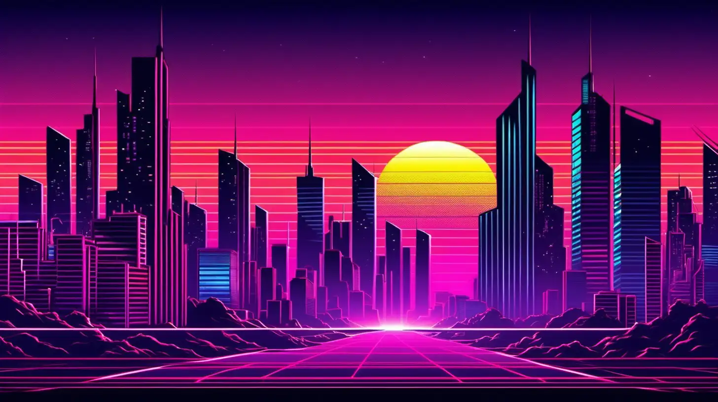 Retro 80s synthwave cityscape.