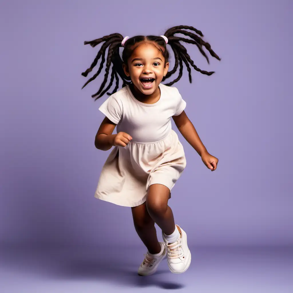 Joyful Little Black Girl Running and Laughing with Pigtails and Brown Eyes