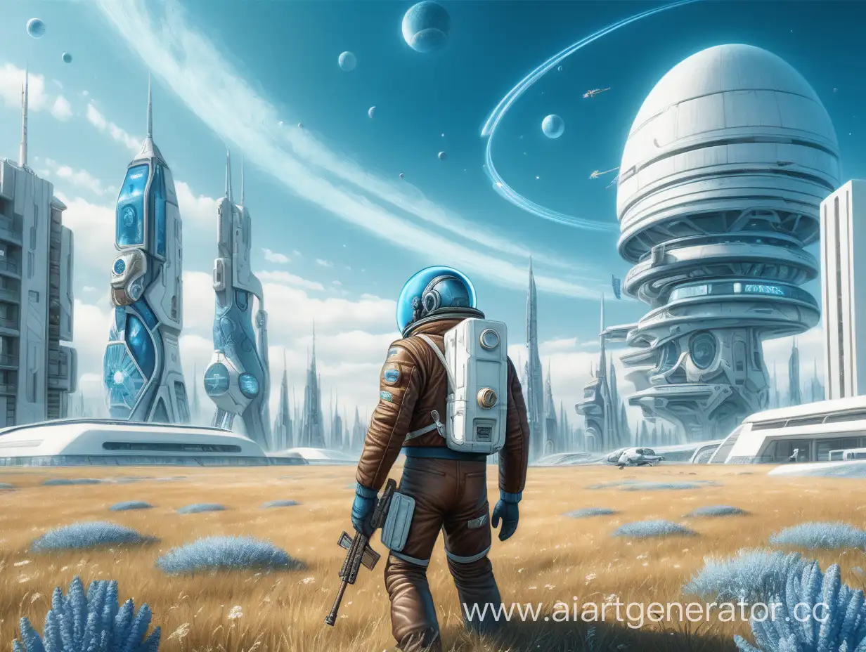 Futuristic-Cosmonaut-Guards-Blue-Meadow-with-Rifle-Amidst-SkyHigh-White-Buildings