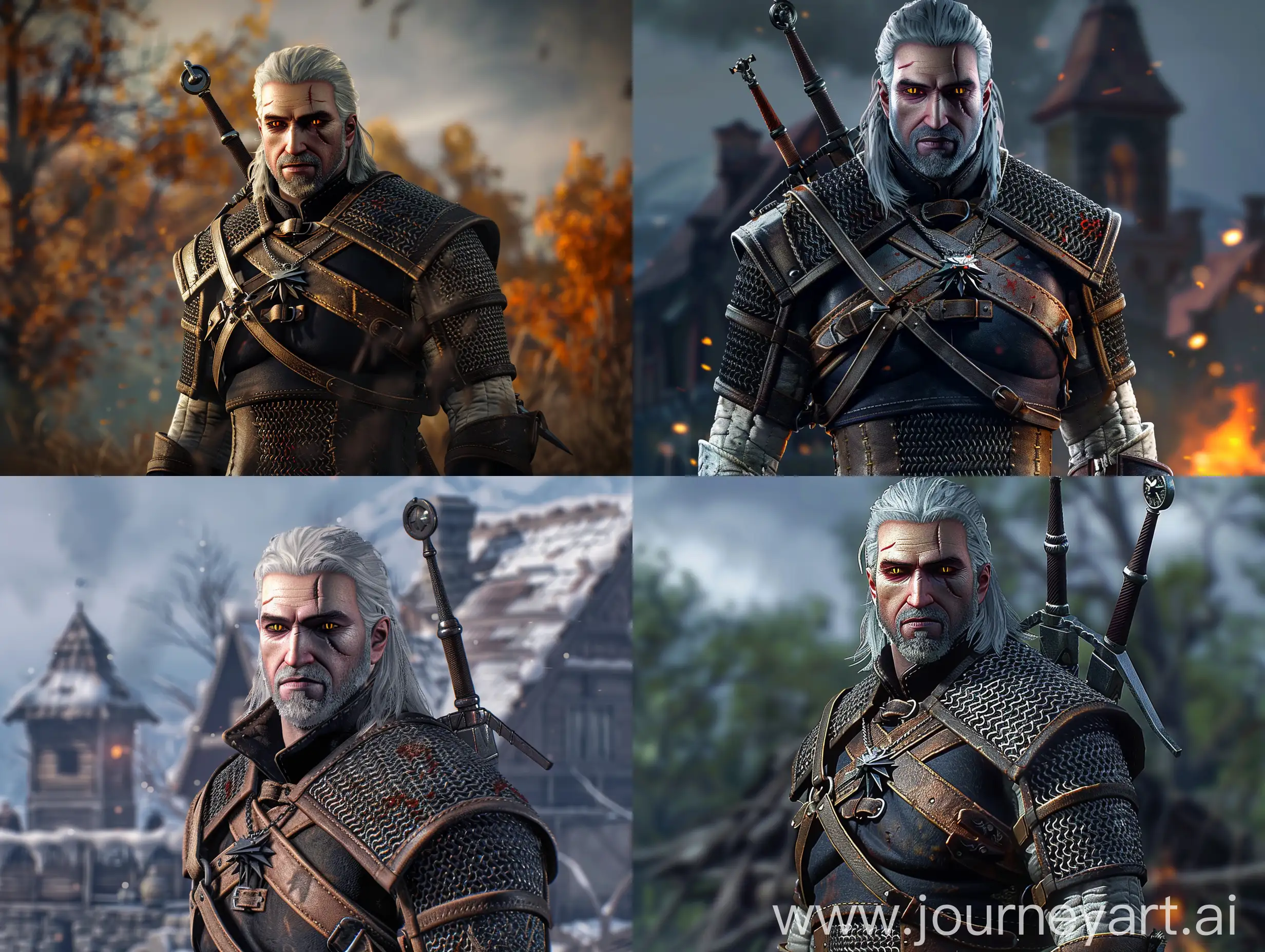 Geralt from the game The Witcher 3 in full height, super realistic, highly detailed body and things, very beautiful background 