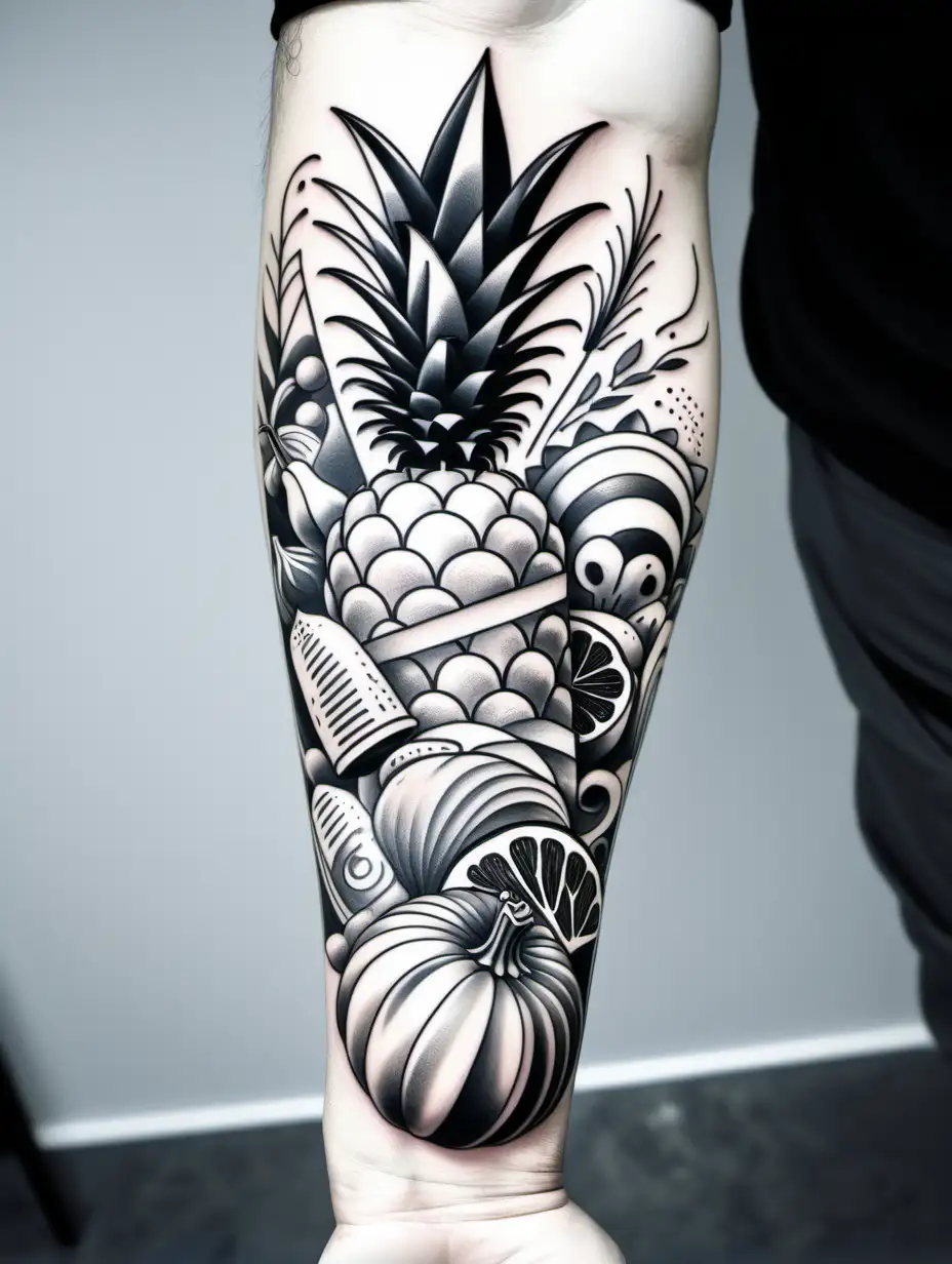 Tattoo for all bend with fruits and vegetables for a chef. Big tattoo artistic black and white. Abstract and artistic. Whole hand and abstract